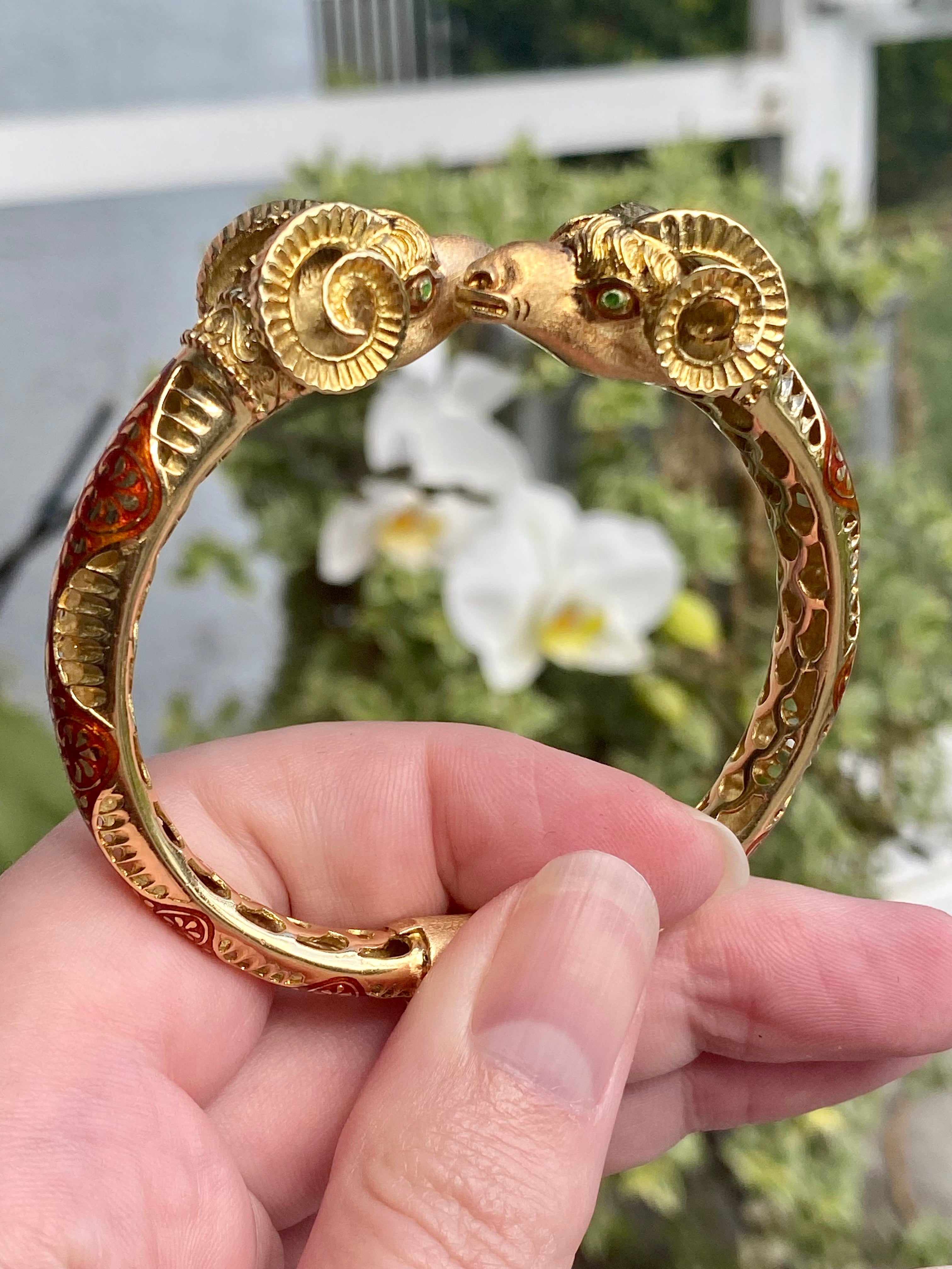 18k Rams Head Enamel Bangle Bracelet