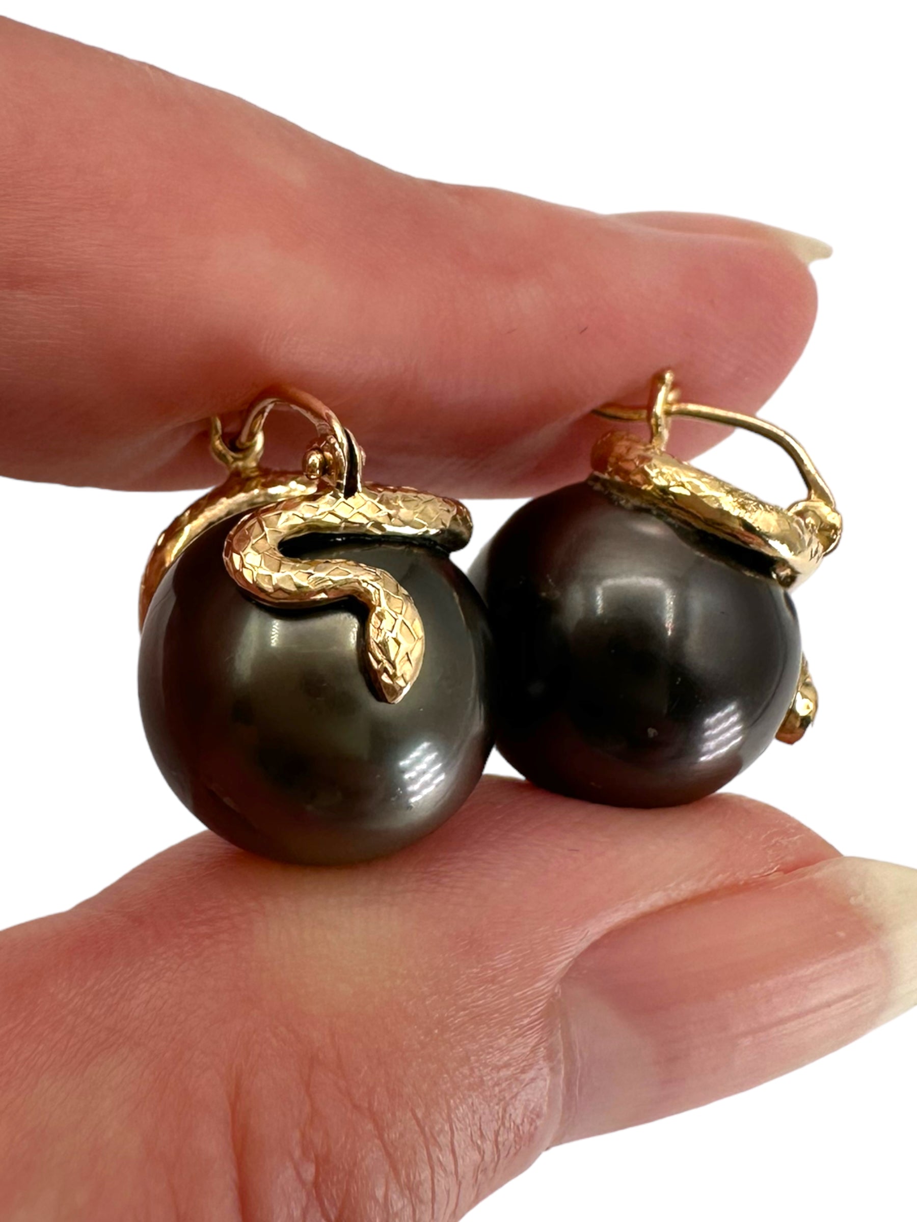 14k Snake Pearl Huggie Earrings