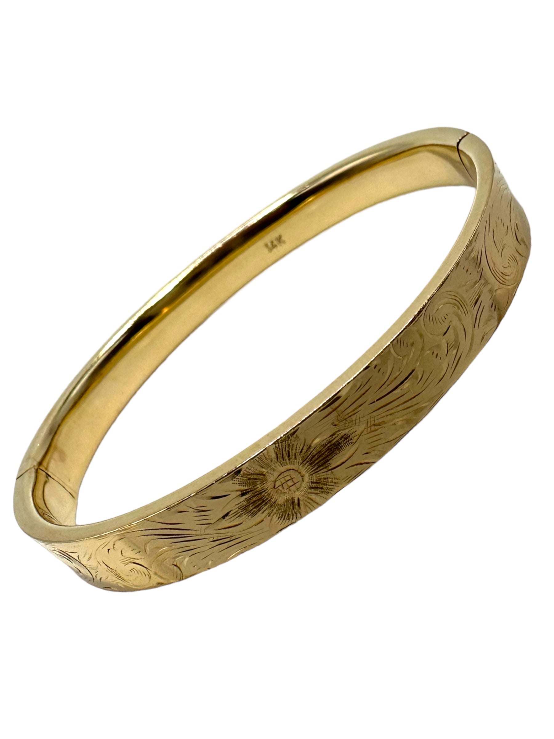 14k Flower Etched Bangle Bracelet
