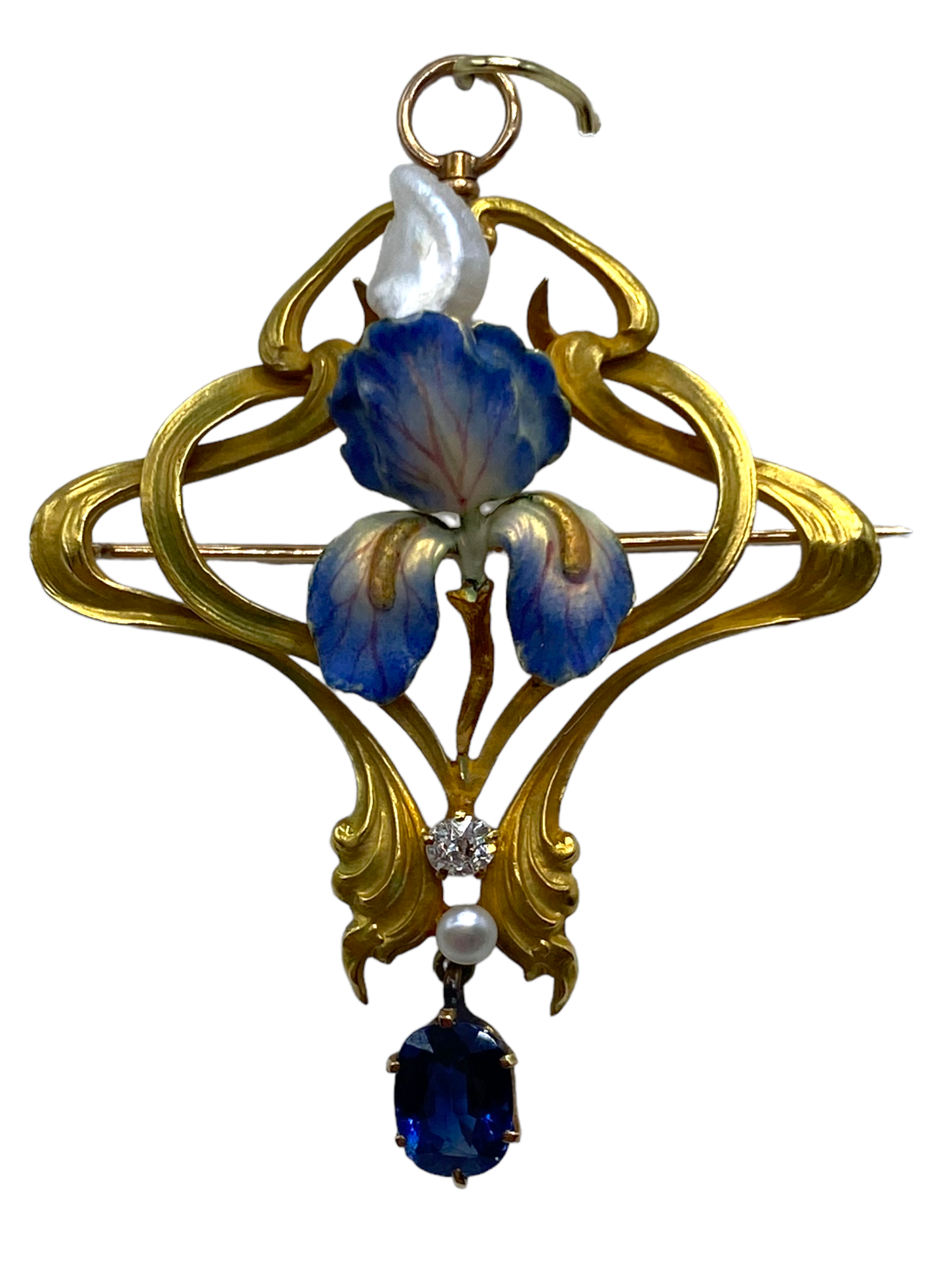 18k Art Nouveau Enamel Sapphire Diamond Brooch/ Pendant