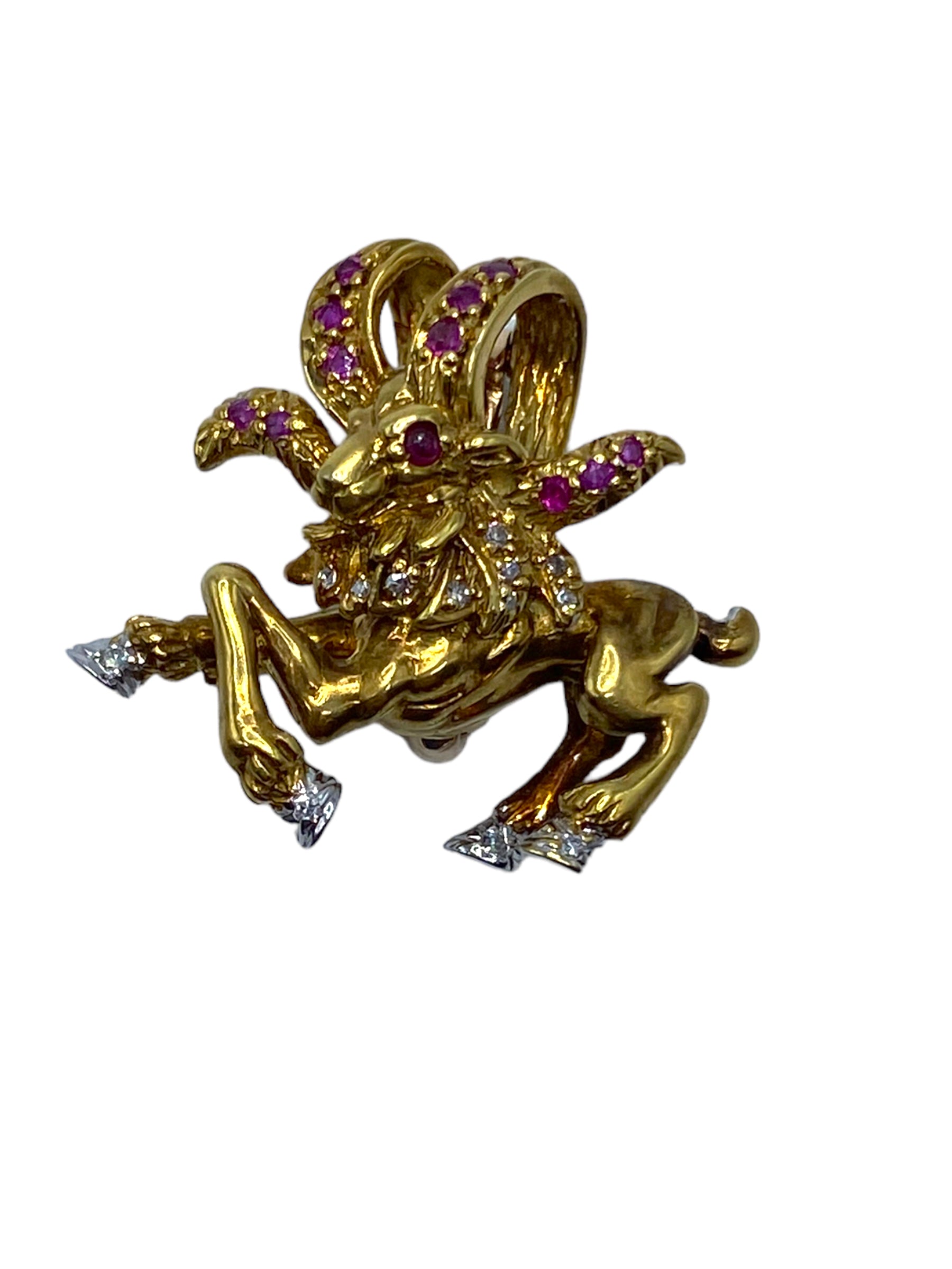 18k Aries Ram Ruby Diamond Pendant/ Pin