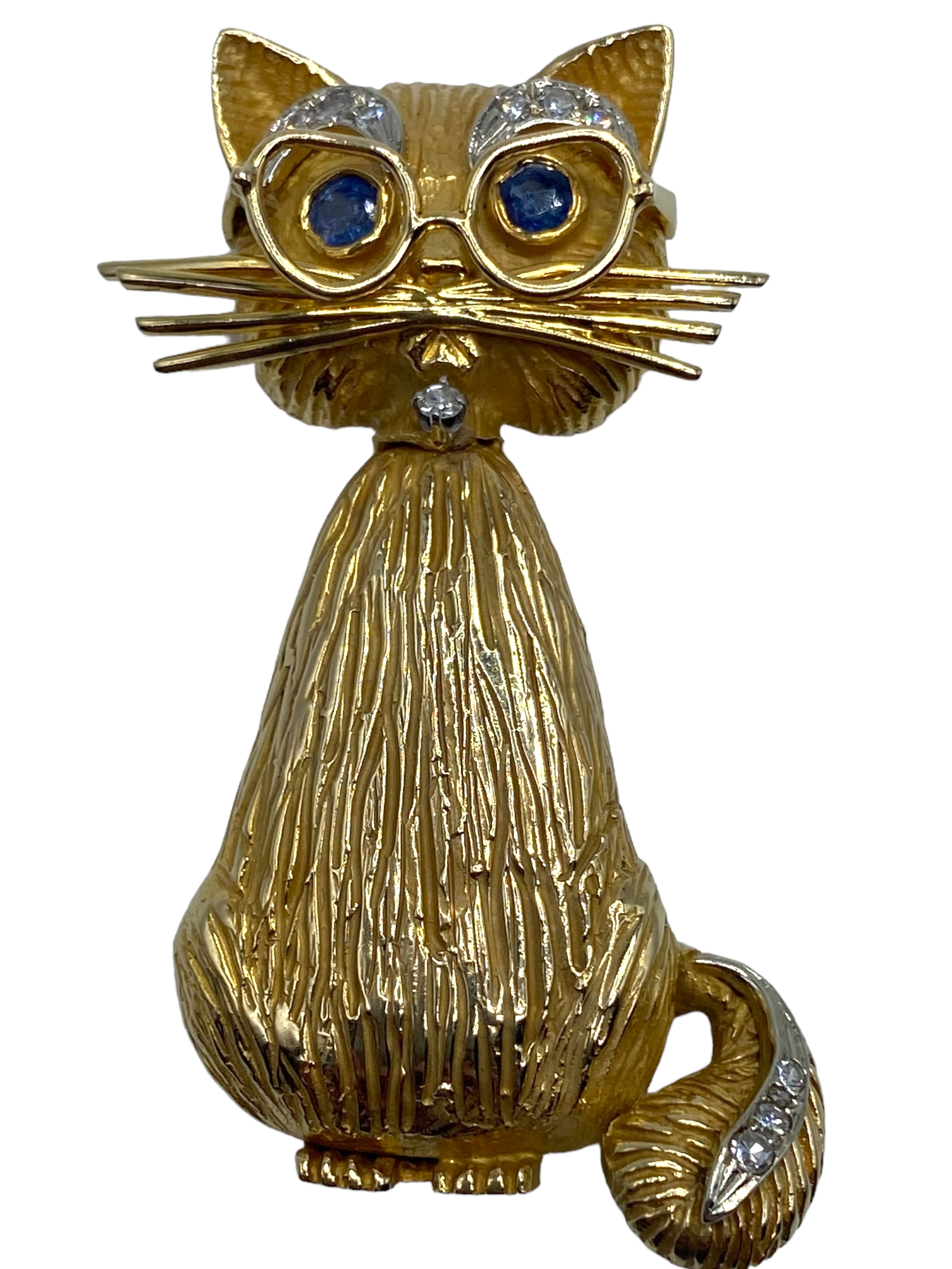 14k Sapphire Diamond Cat Brooch