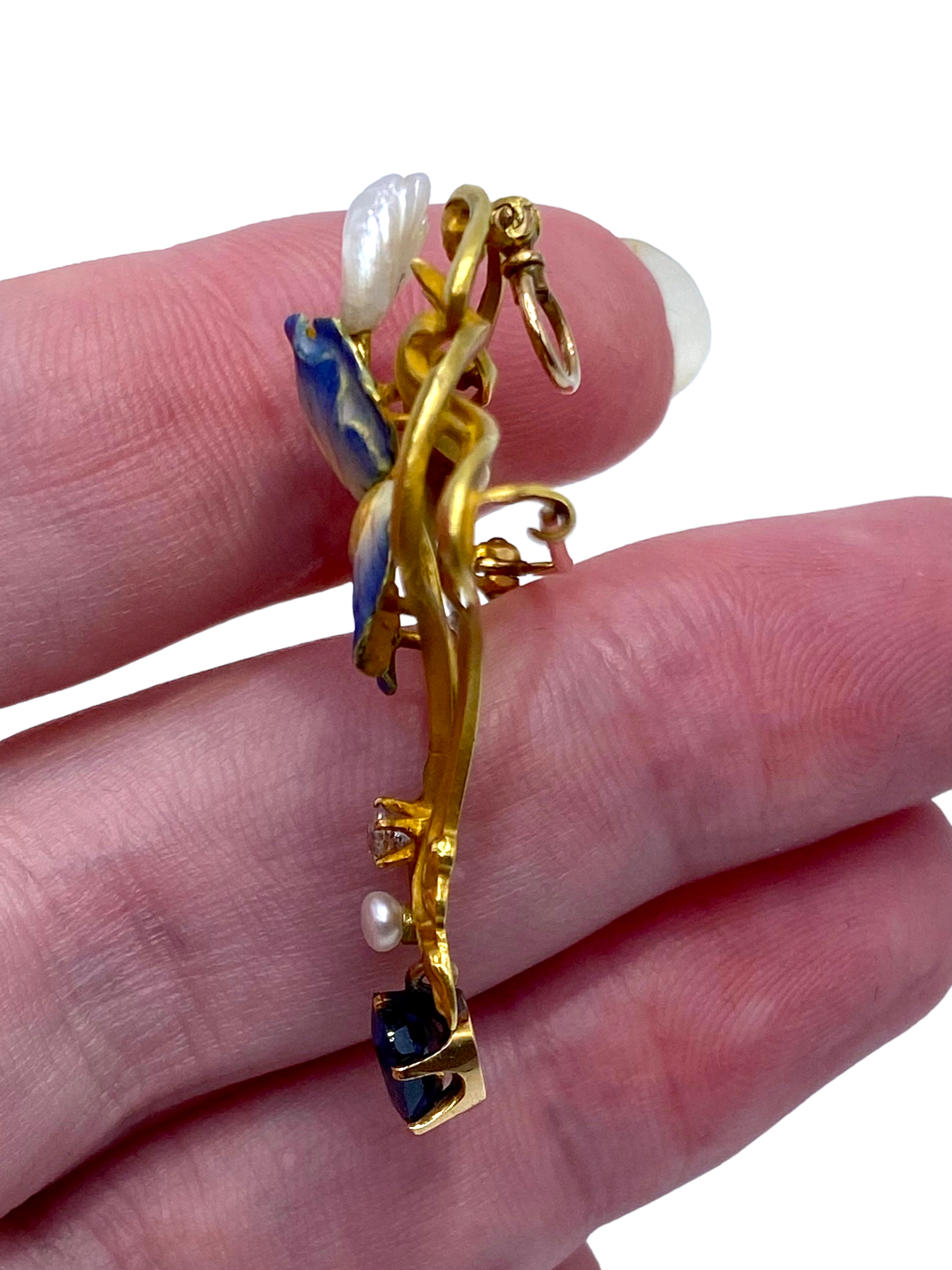 18k Art Nouveau Enamel Sapphire Diamond Brooch/ Pendant