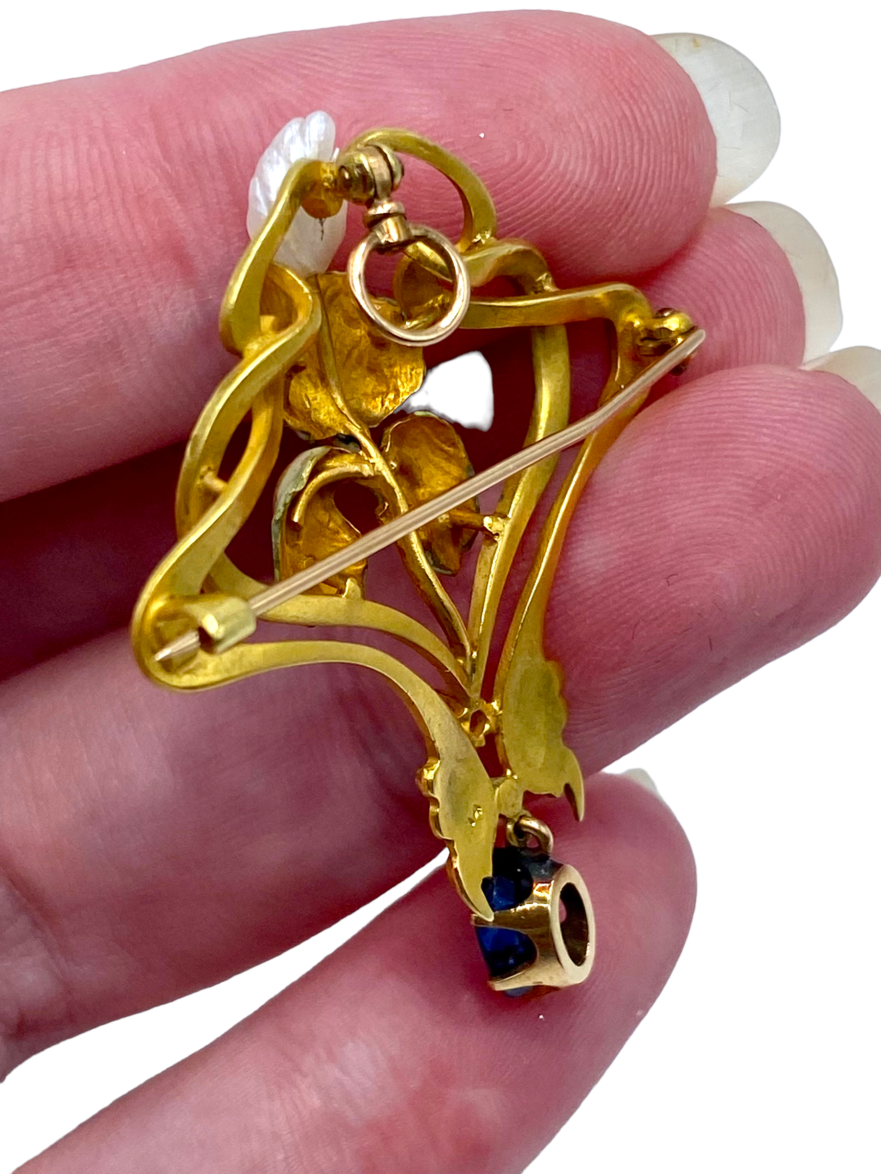 18k Art Nouveau Enamel Sapphire Diamond Brooch/ Pendant