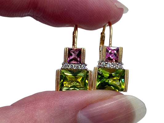14k Tourmaline, Peridot, Diamond Earrings