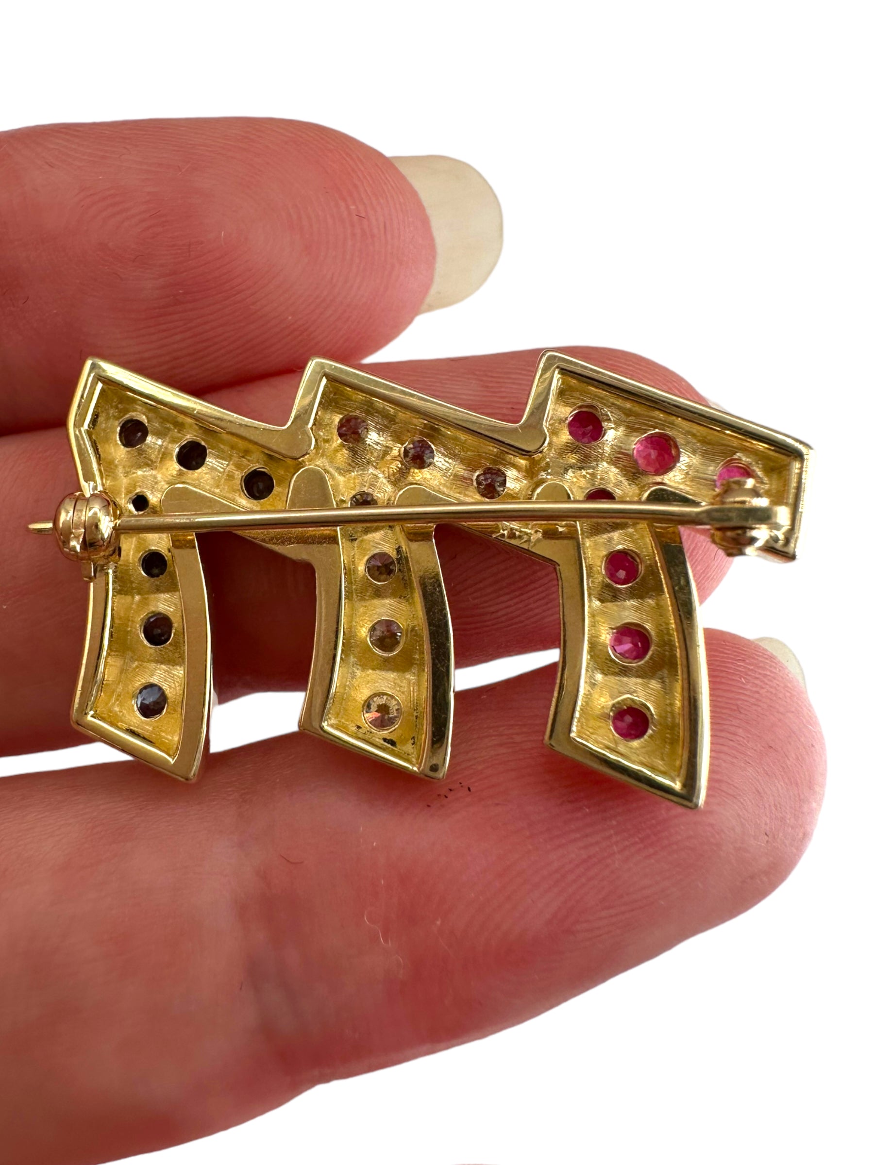 14k Triple 7s Sapphire Ruby Diamond Brooch