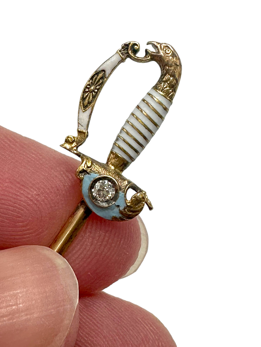 14k Eagle Pommel Enamel Diamond Victorian Sword Pin