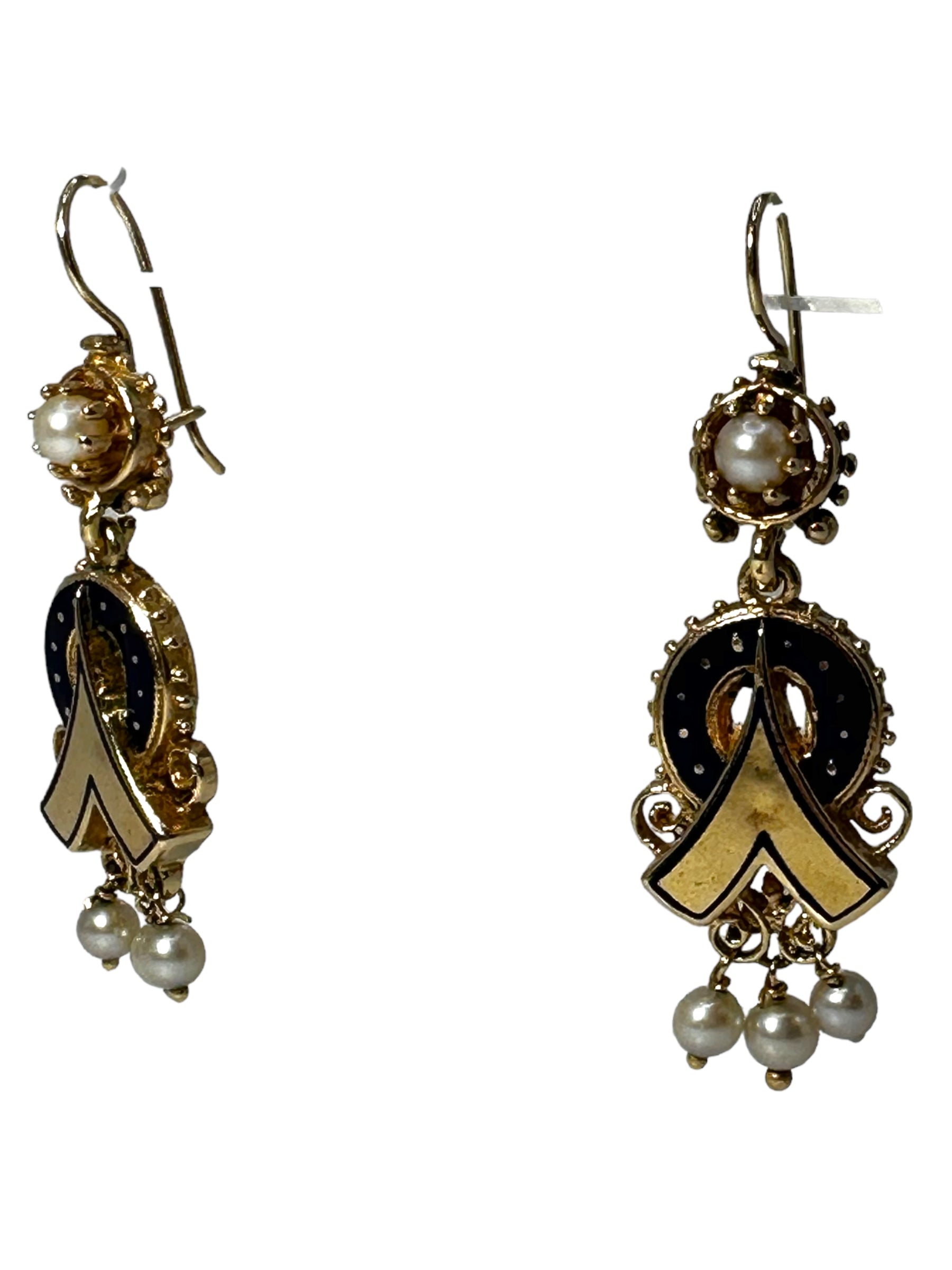 14k Victorian Revival Enamel Pearl Earrings