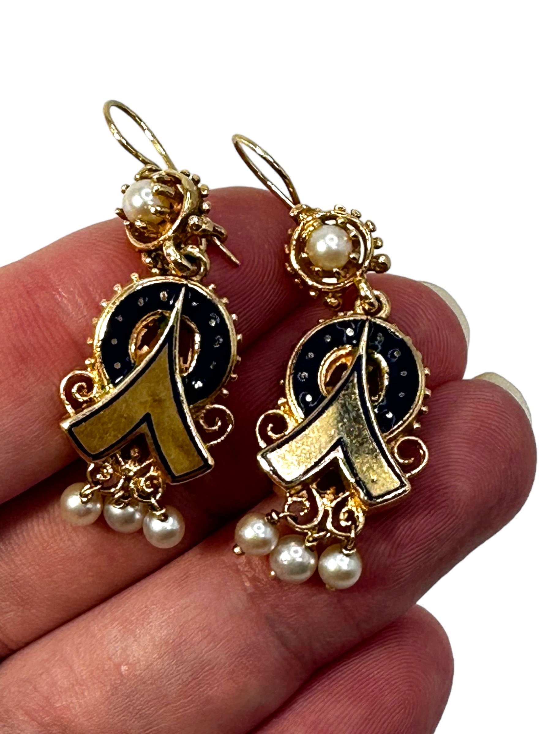 14k Victorian Revival Enamel Pearl Earrings