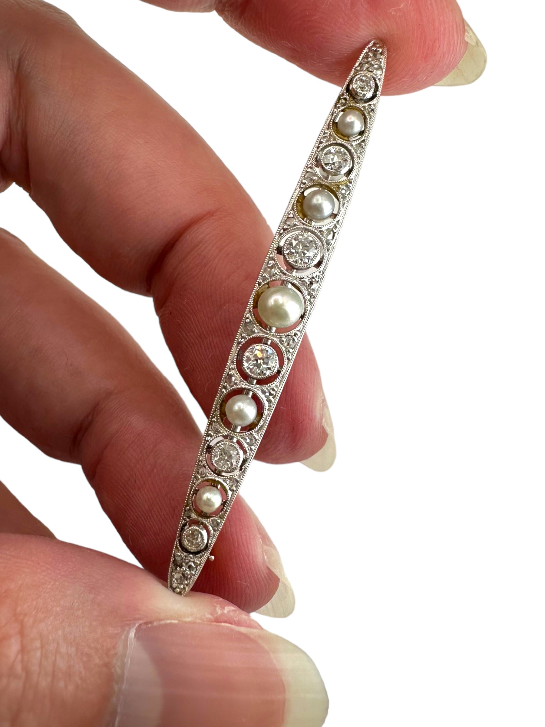 Platinum Diamond Pearl Bar Pin