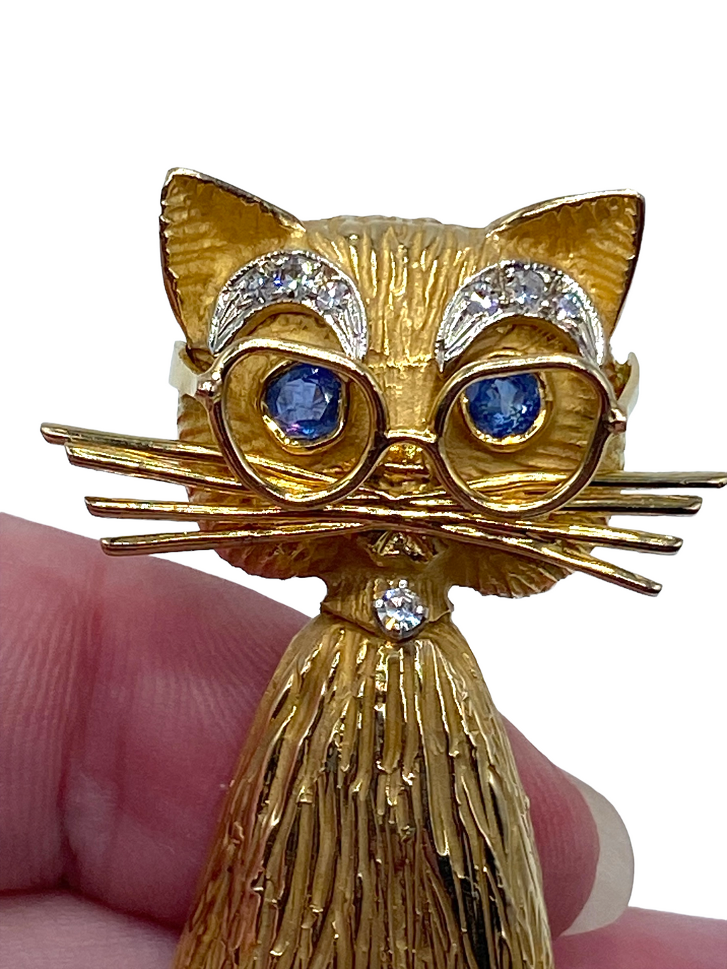 14k Sapphire Diamond Cat Brooch