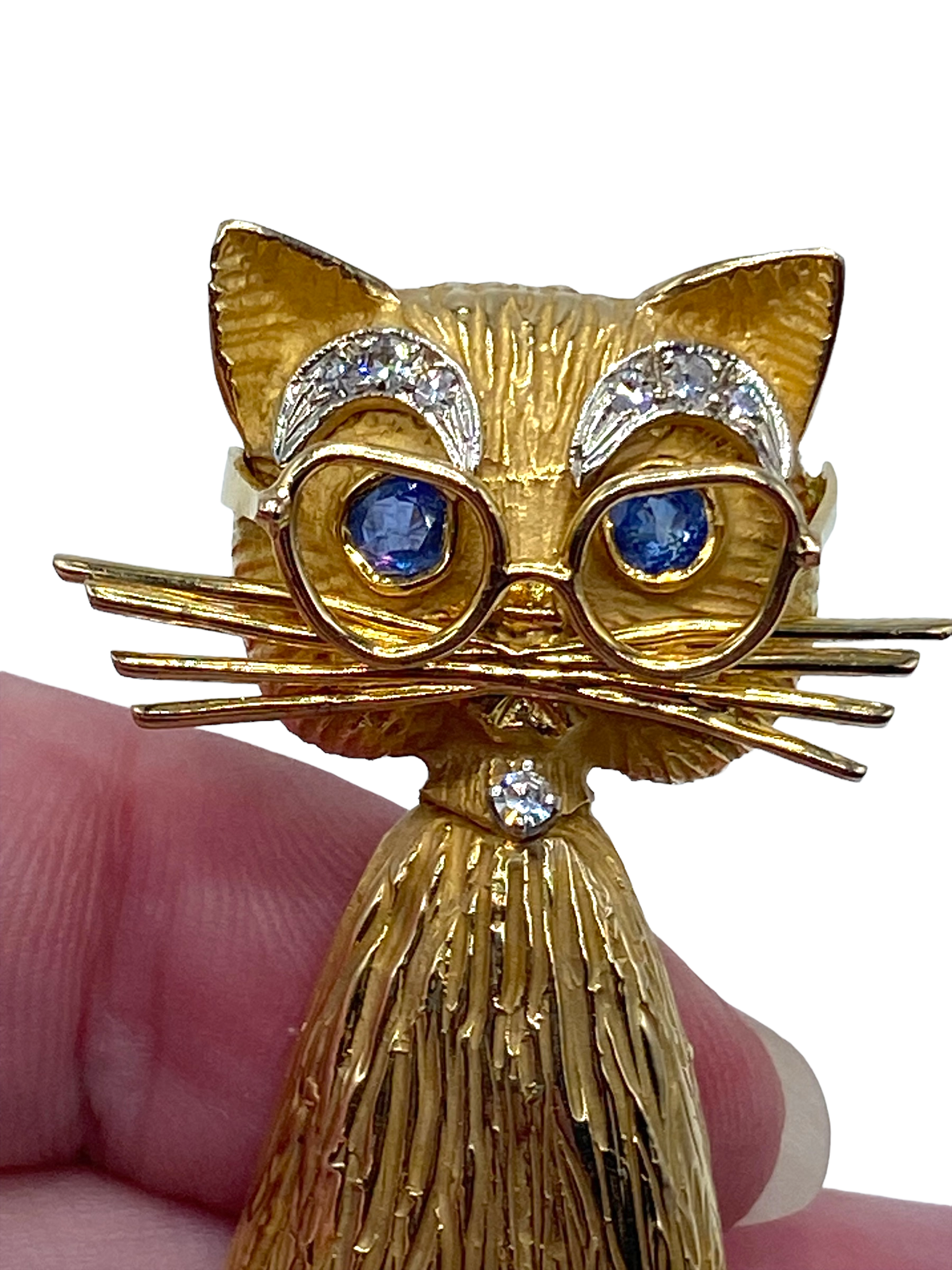 14k Sapphire Diamond Cat Brooch