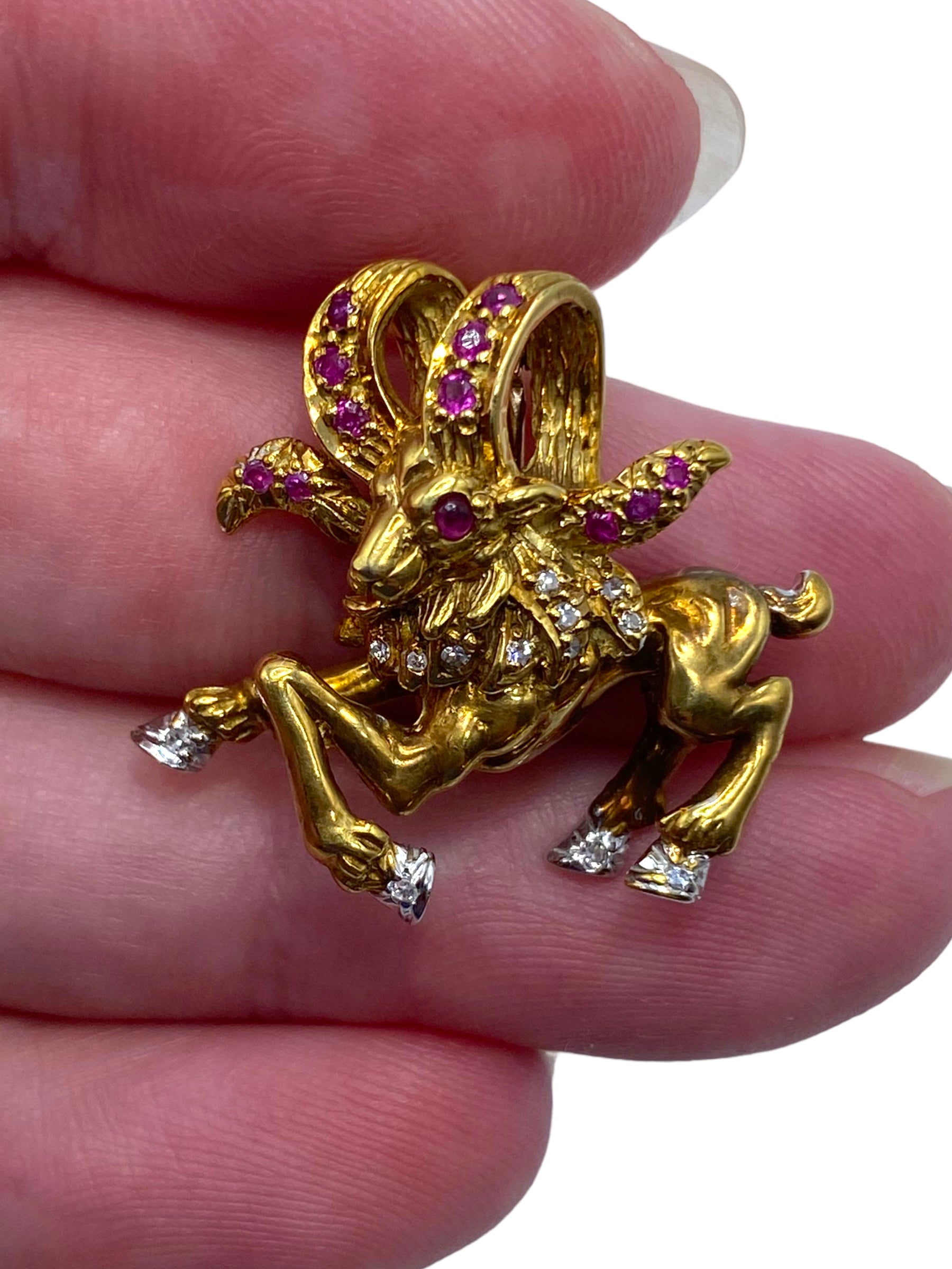 18k Aries Ram Ruby Diamond Pendant/ Pin