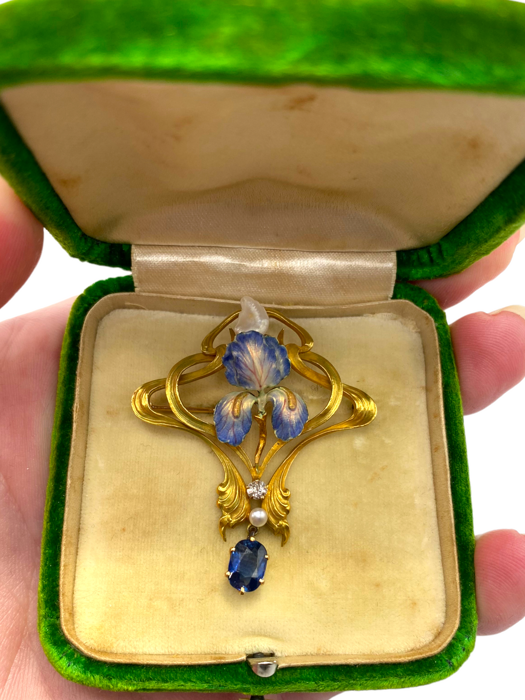18k Art Nouveau Enamel Sapphire Diamond Brooch/ Pendant