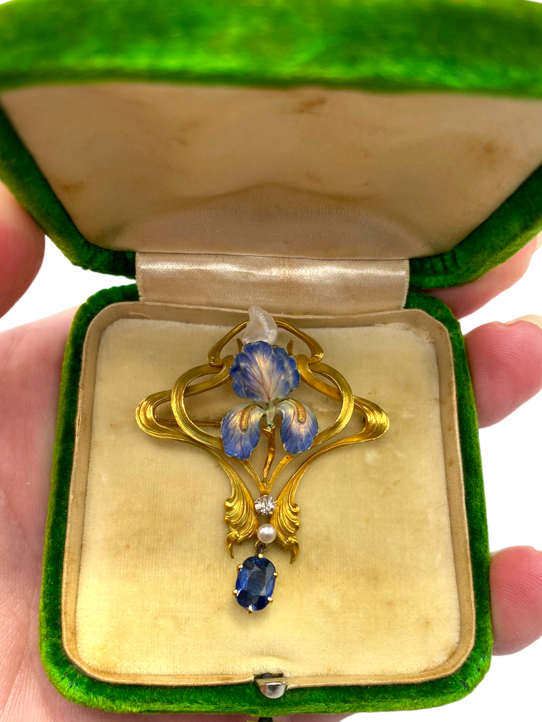 18k Art Nouveau Enamel Sapphire Diamond Brooch/ Pendant