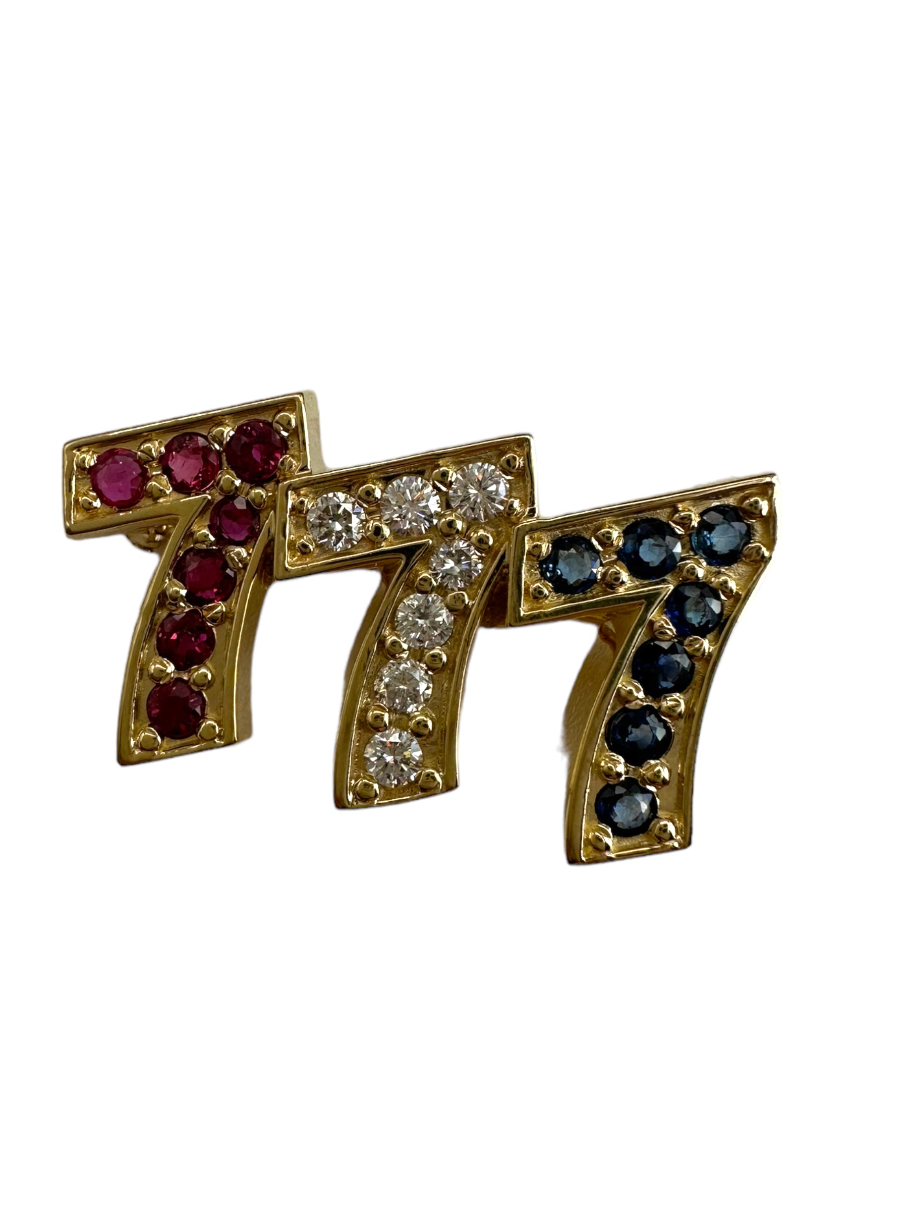 14k Triple 7s Sapphire Ruby Diamond Brooch