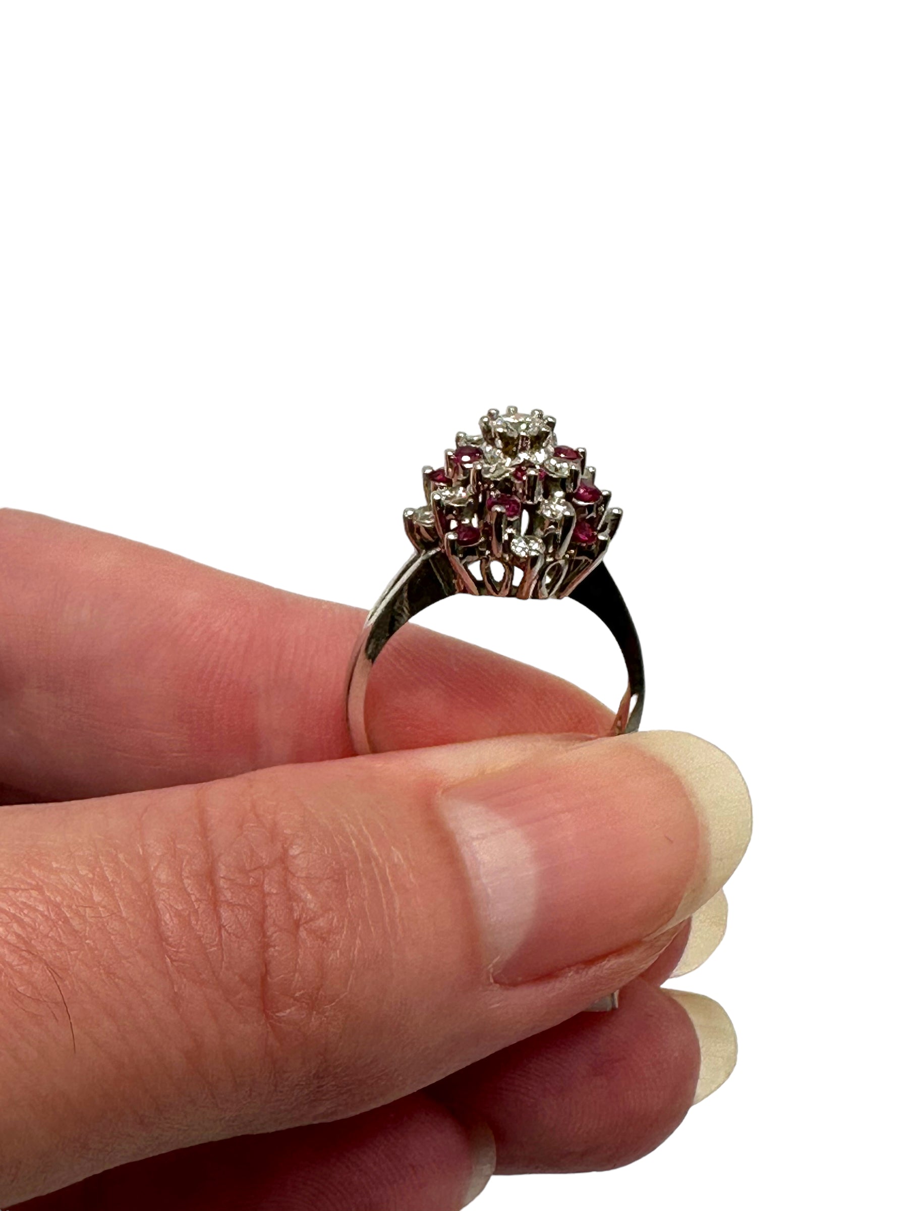 14k White Gold Diamond Ruby Swirl Ring