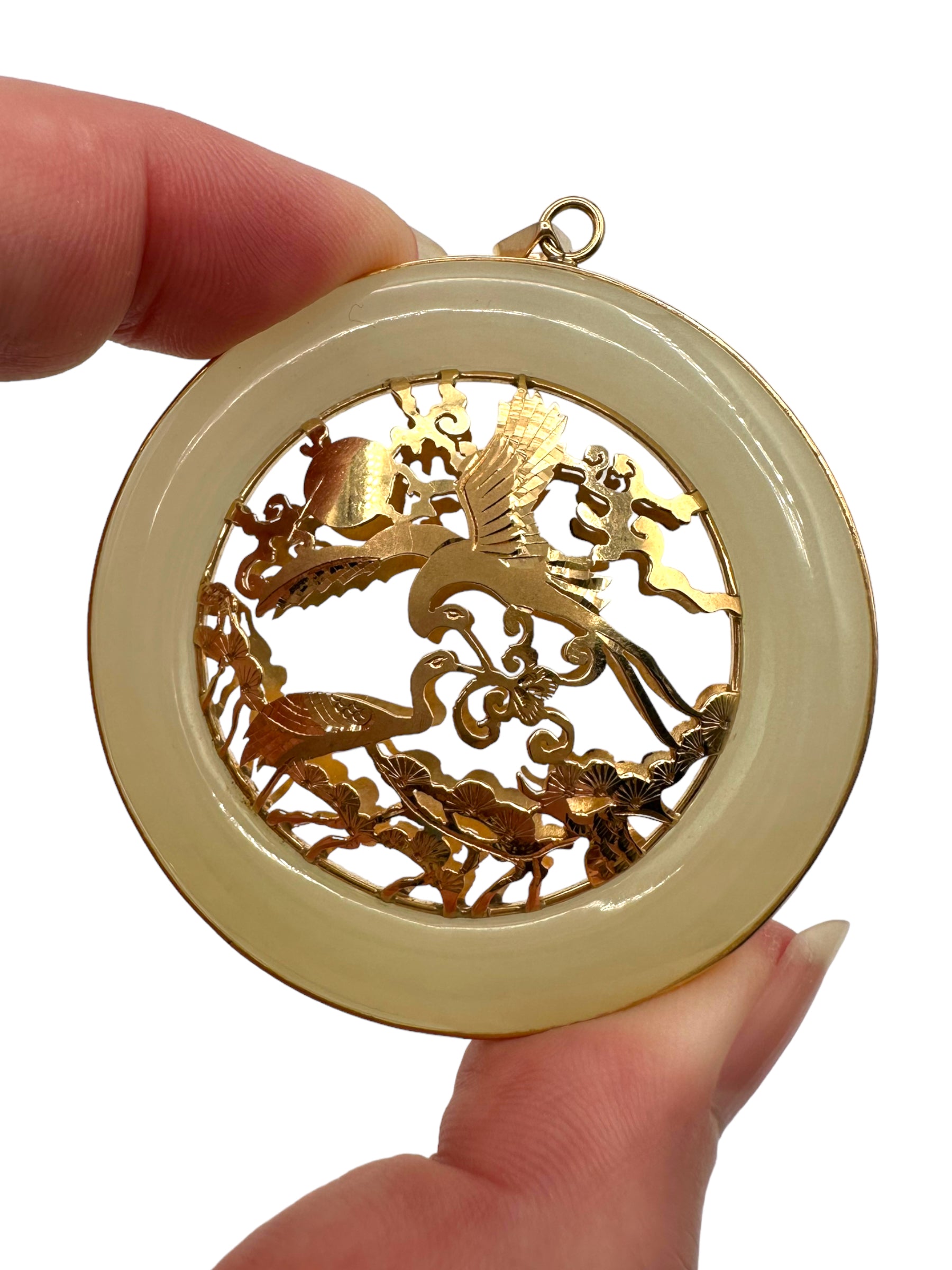 14k Large Jade Crane Pendant