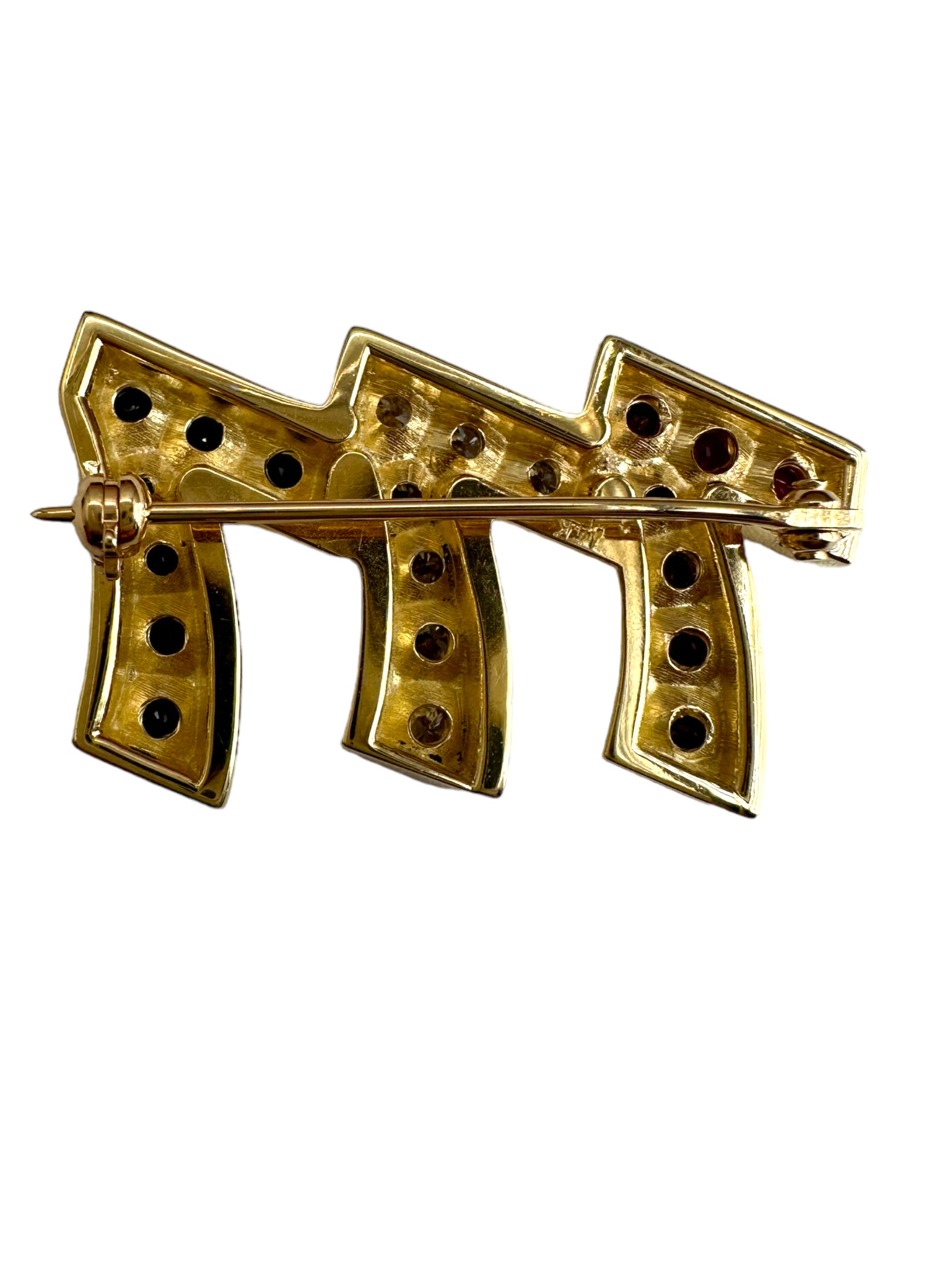 14k Triple 7s Sapphire Ruby Diamond Brooch