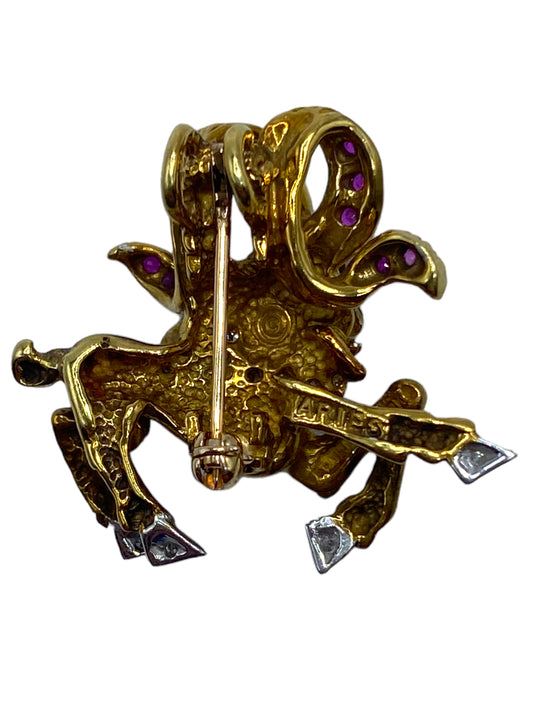 18k Aries Ram Ruby Diamond Pendant/ Pin