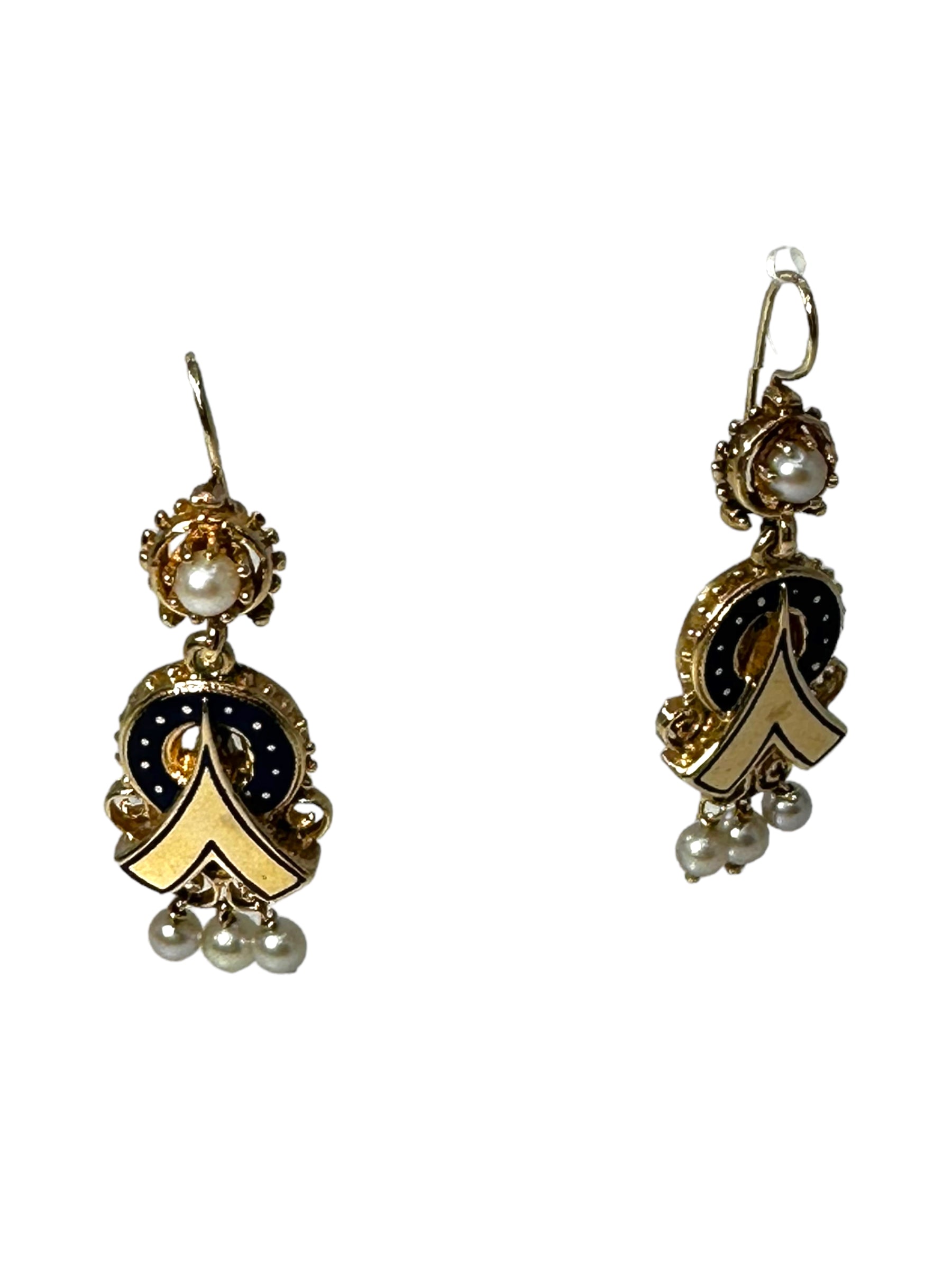 14k Victorian Revival Enamel Pearl Earrings