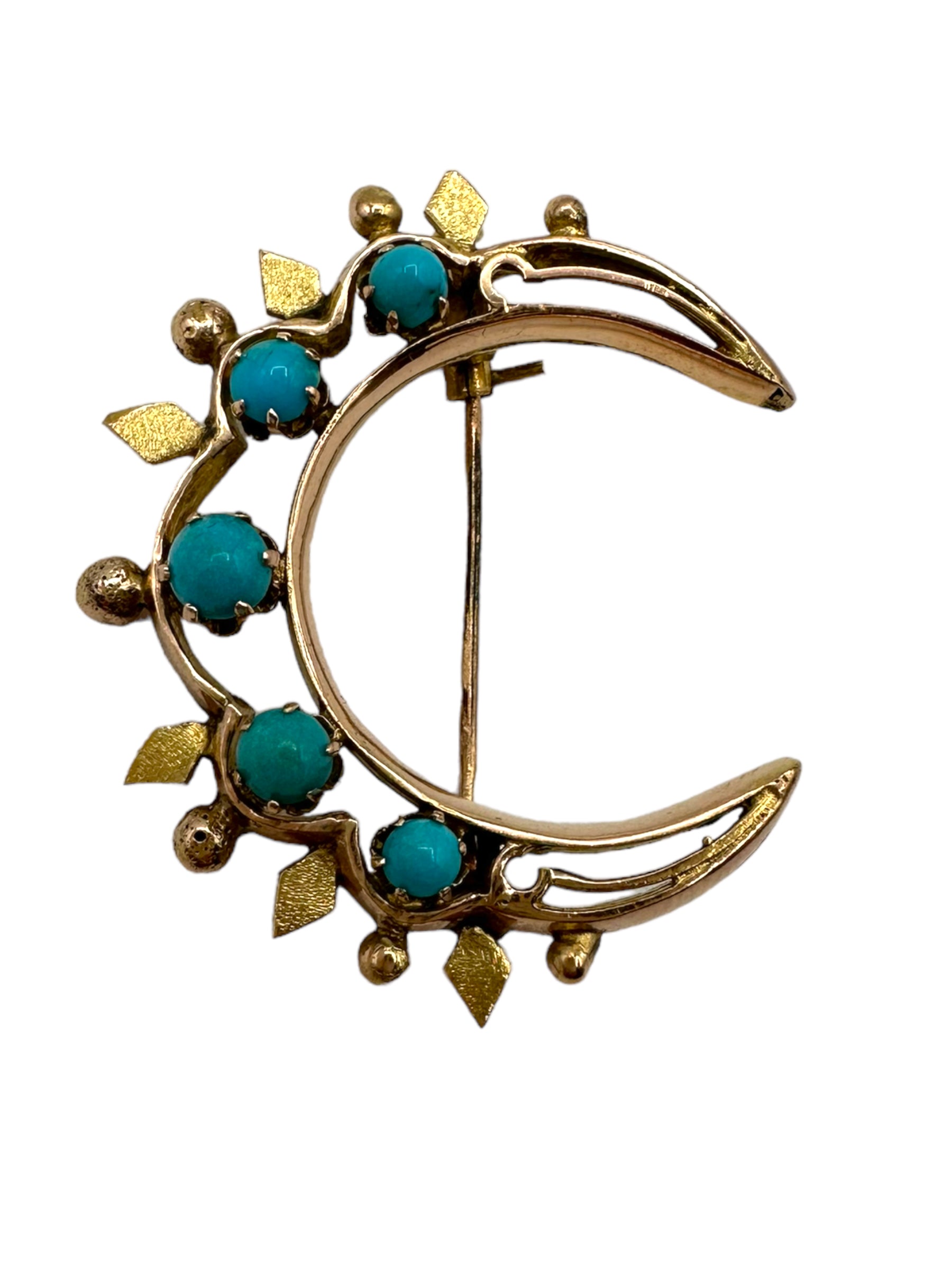 14k Victorian Turquoise Crescent Moon Brooch