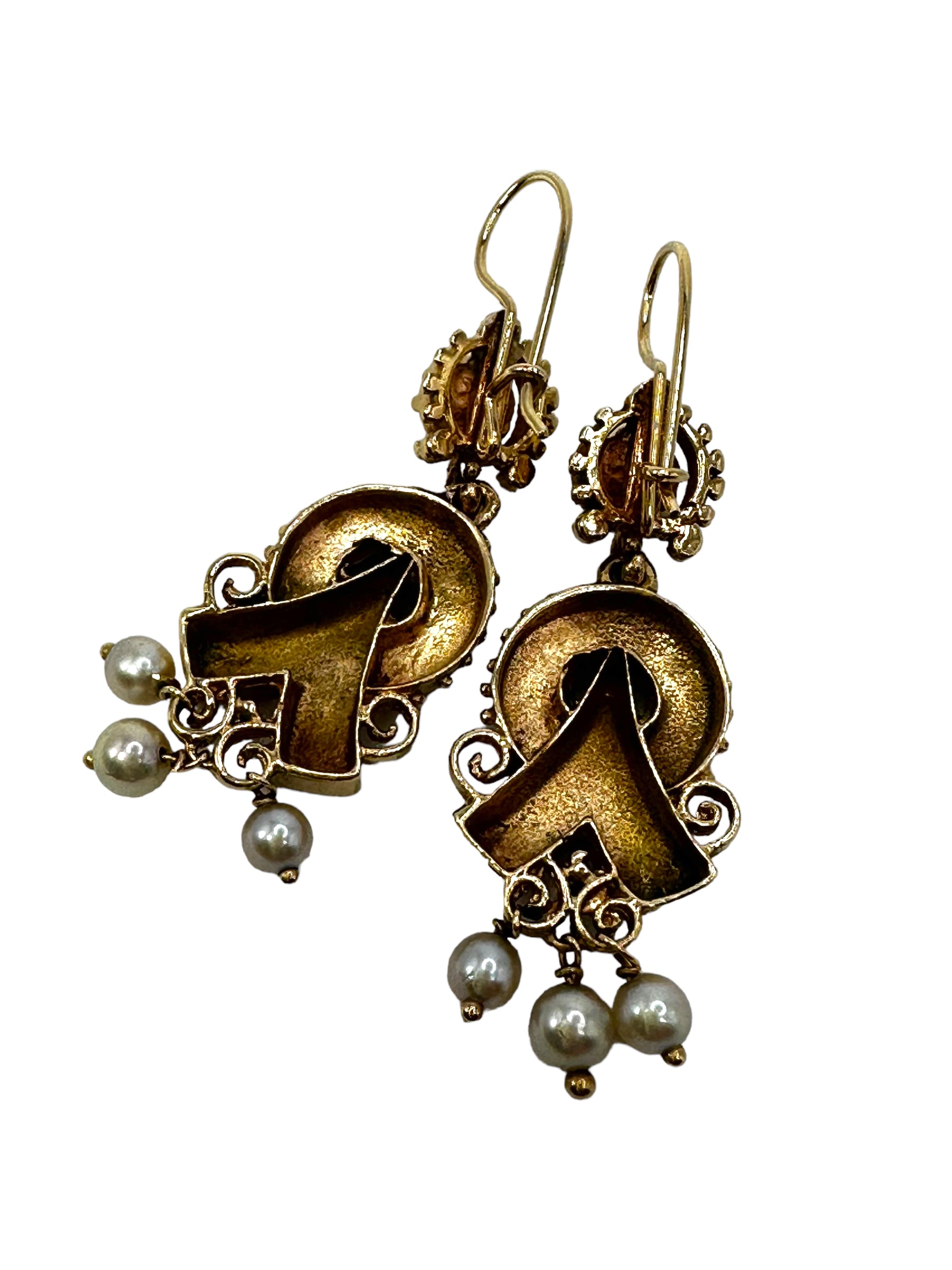 14k Victorian Revival Enamel Pearl Earrings