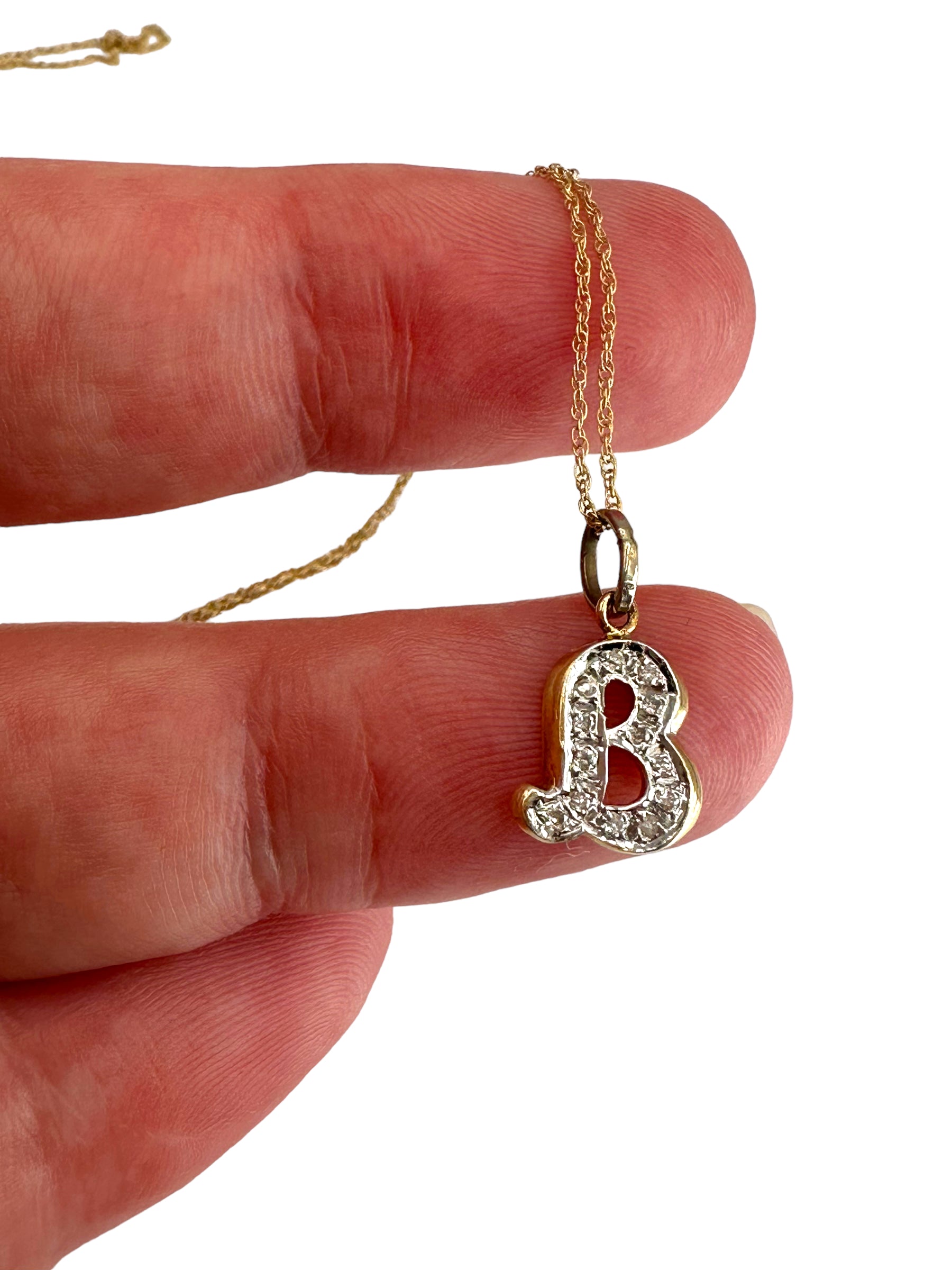 14k “B” Diamond Initial Pendant Necklace