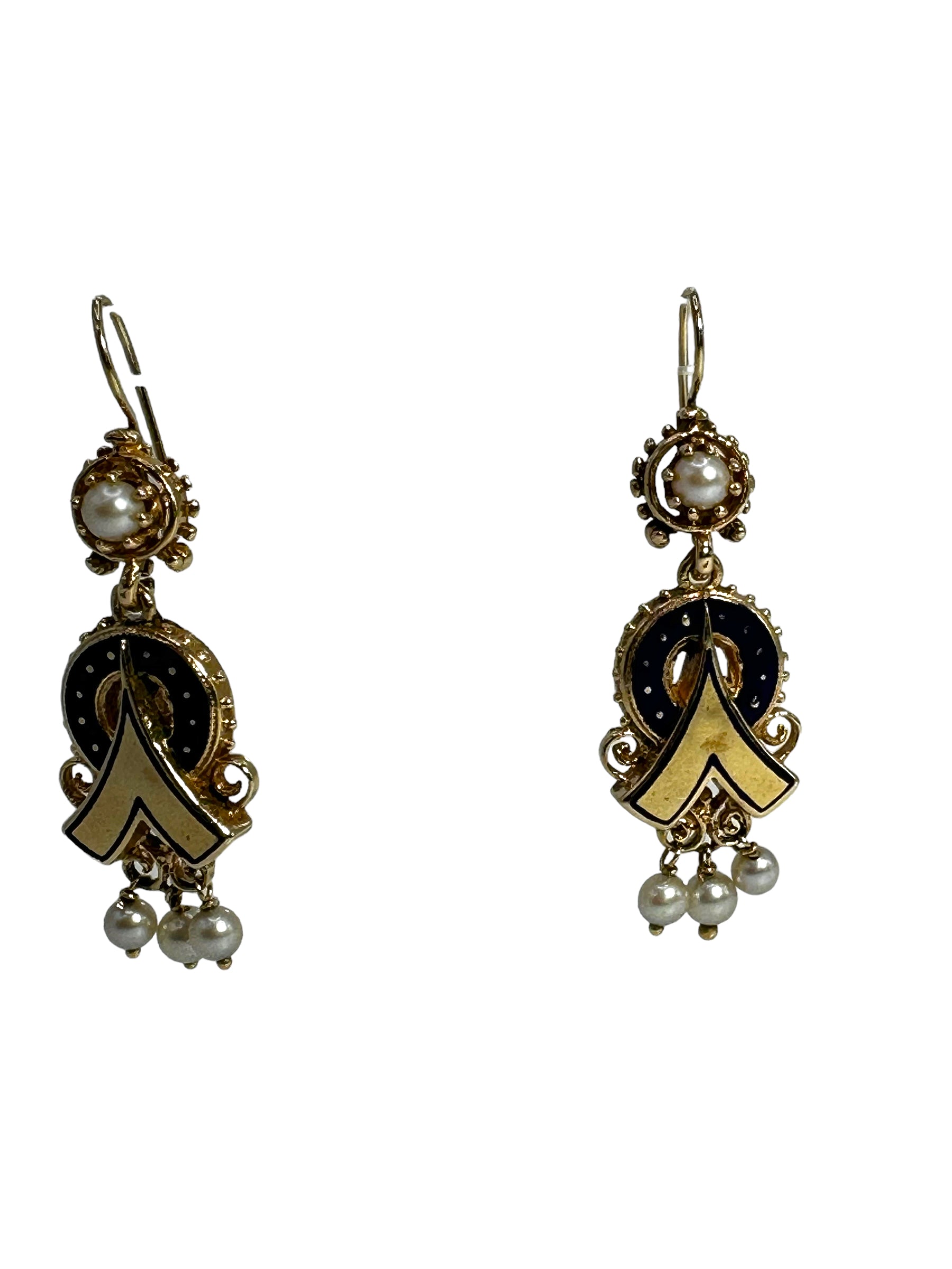 14k Victorian Revival Enamel Pearl Earrings