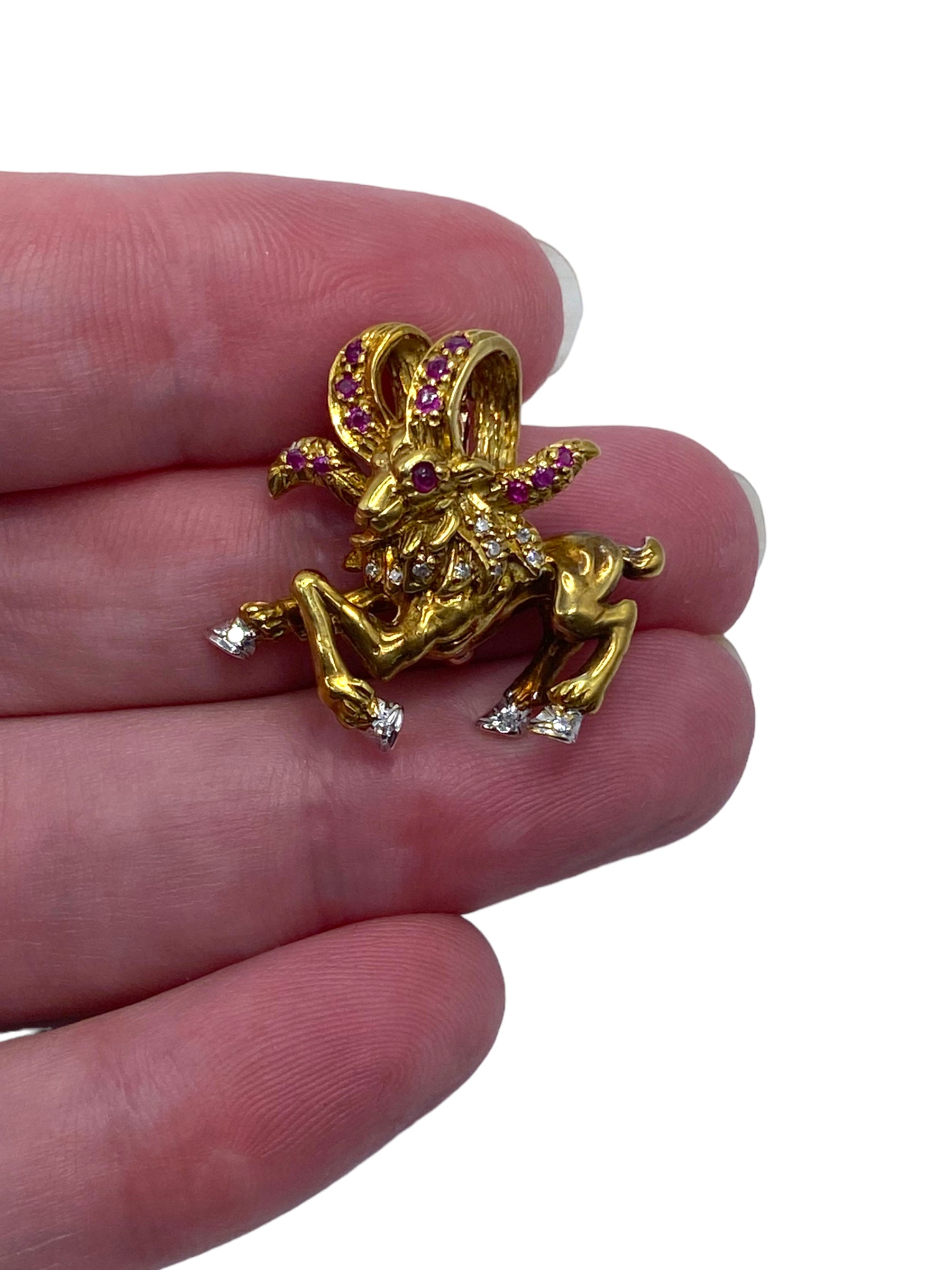18k Aries Ram Ruby Diamond Pendant/ Pin