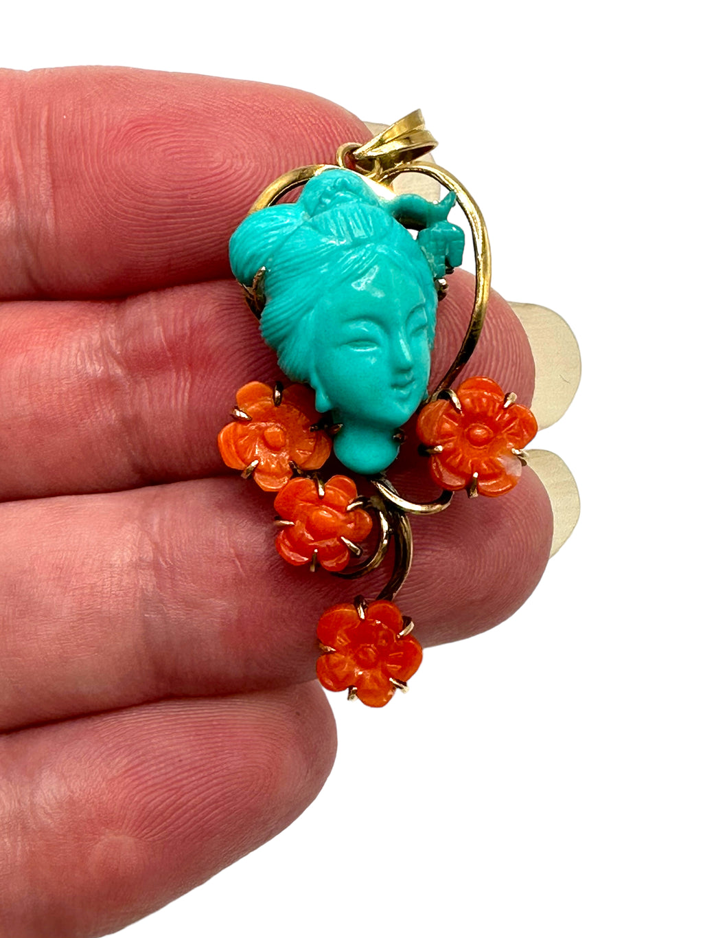 14k Carved Turquoise and Coral Pendant