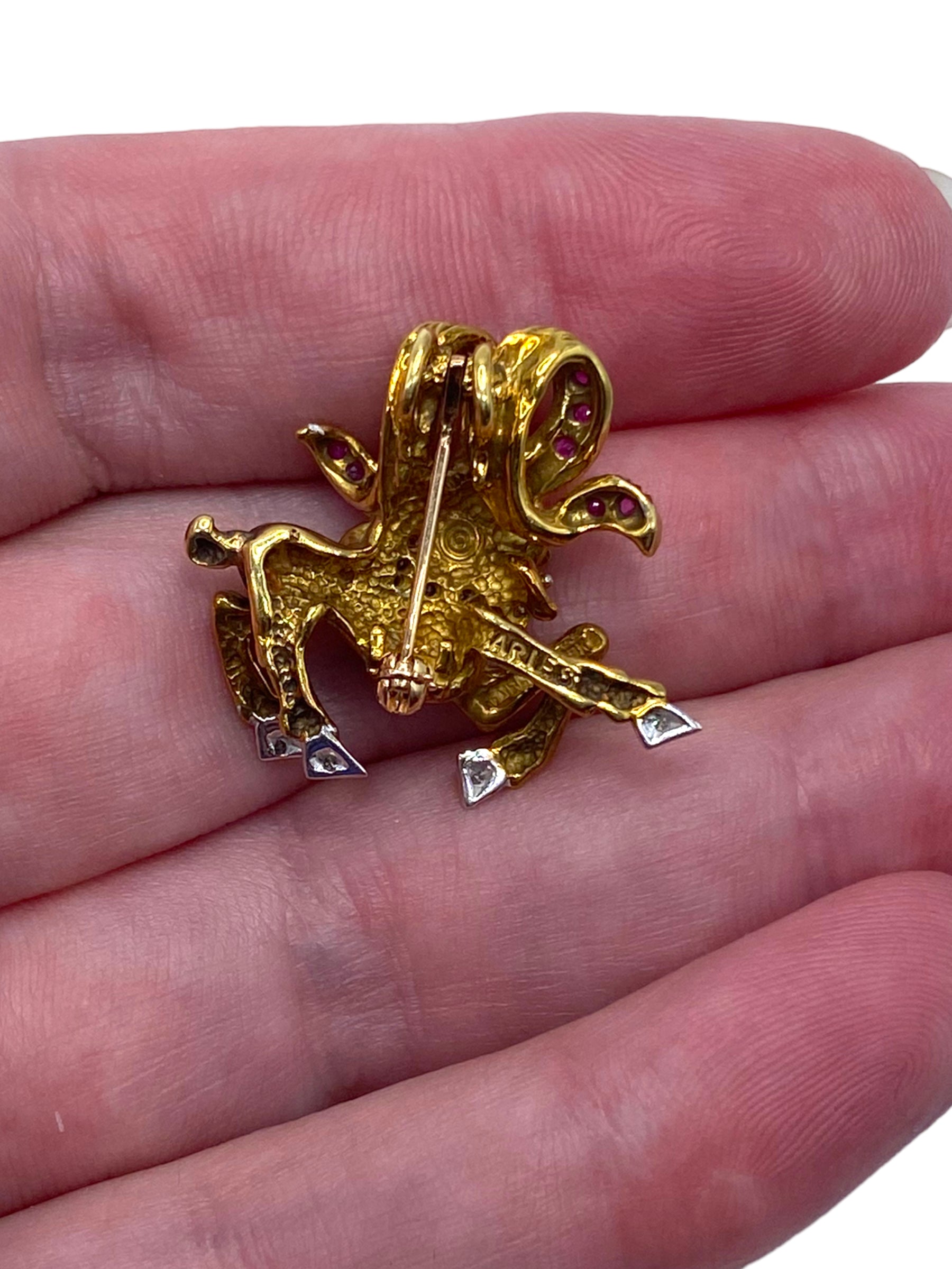 18k Aries Ram Ruby Diamond Pendant/ Pin