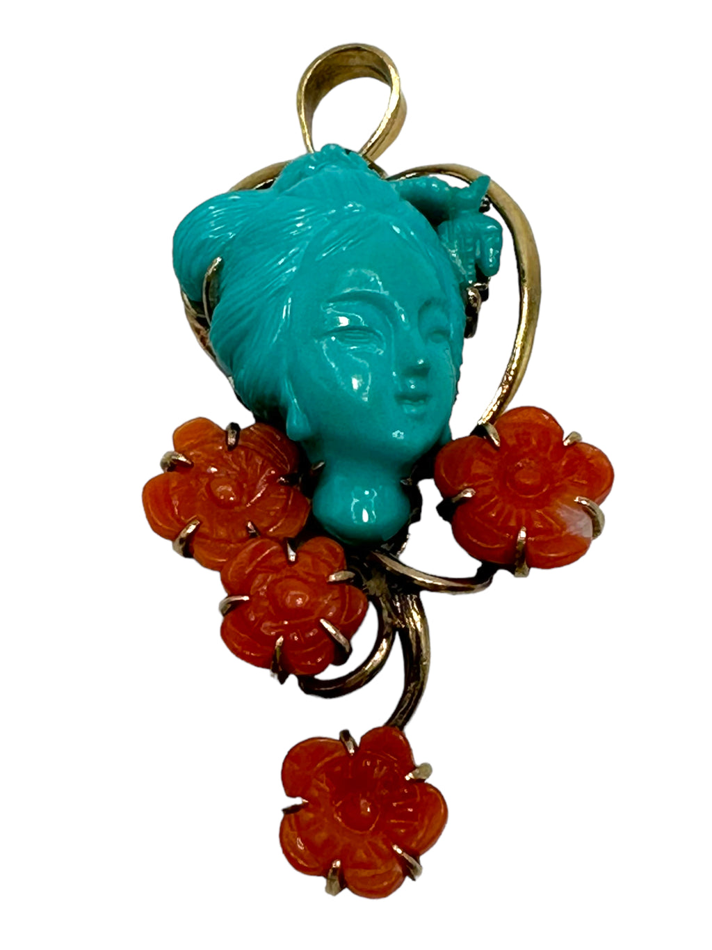14k Carved Turquoise and Coral Pendant
