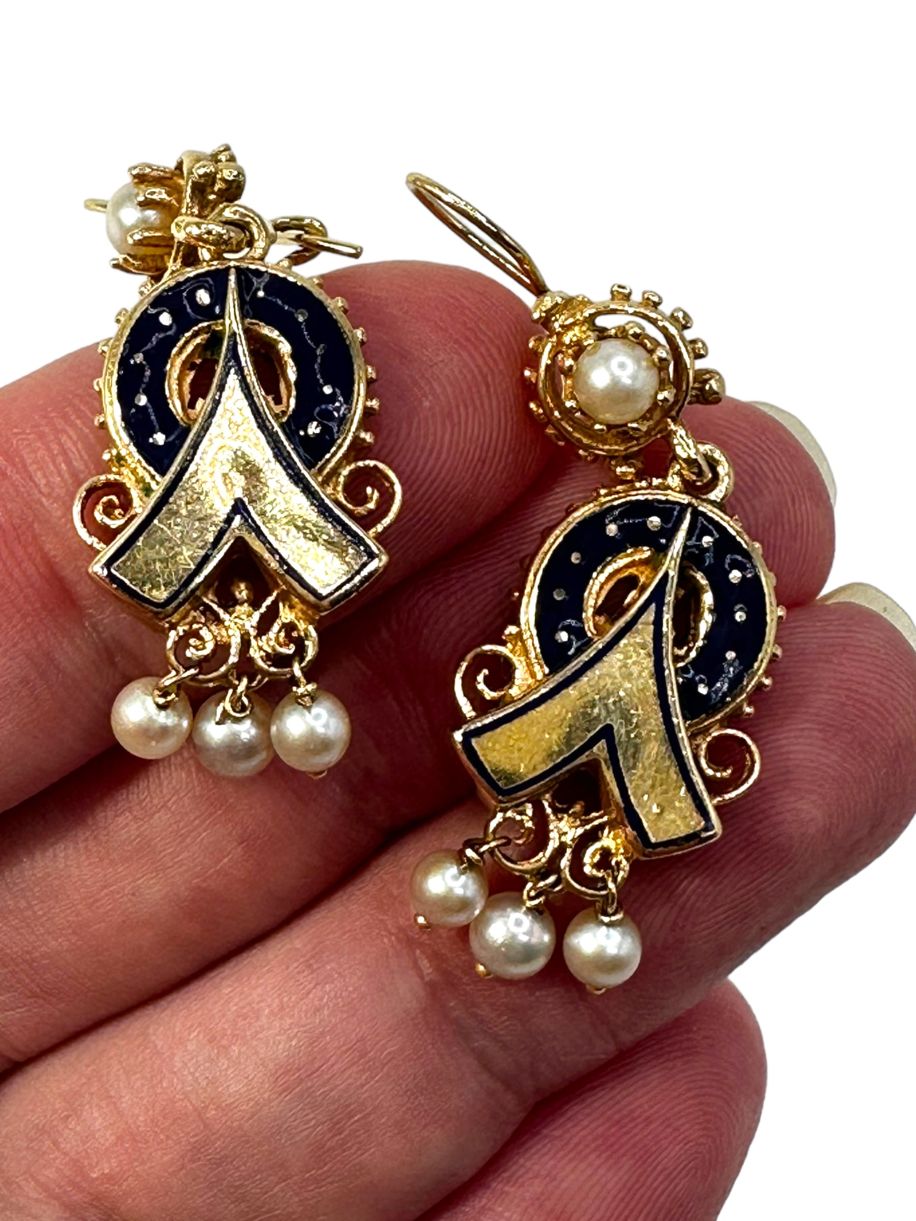 14k Victorian Revival Enamel Pearl Earrings