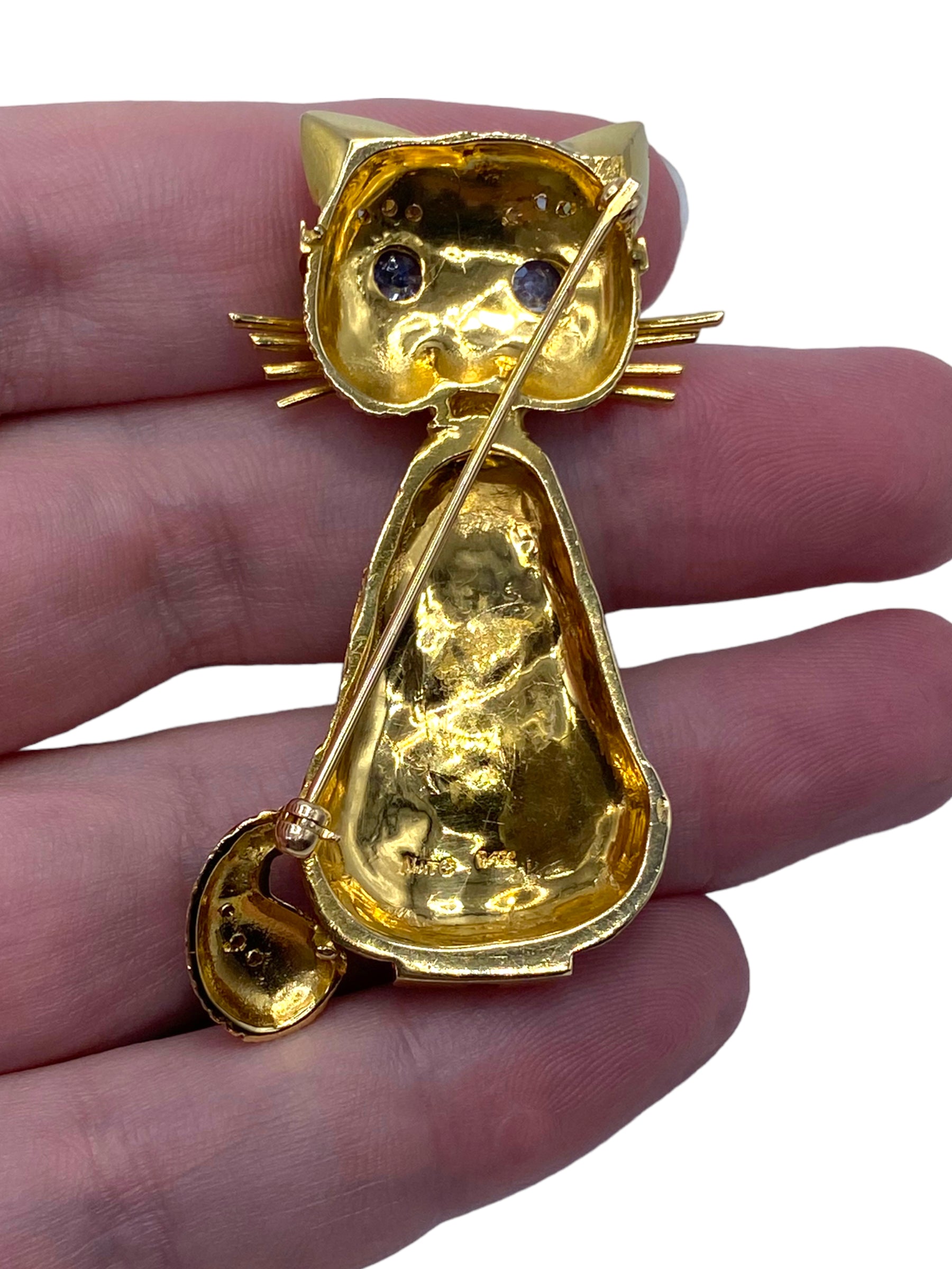 14k Sapphire Diamond Cat Brooch