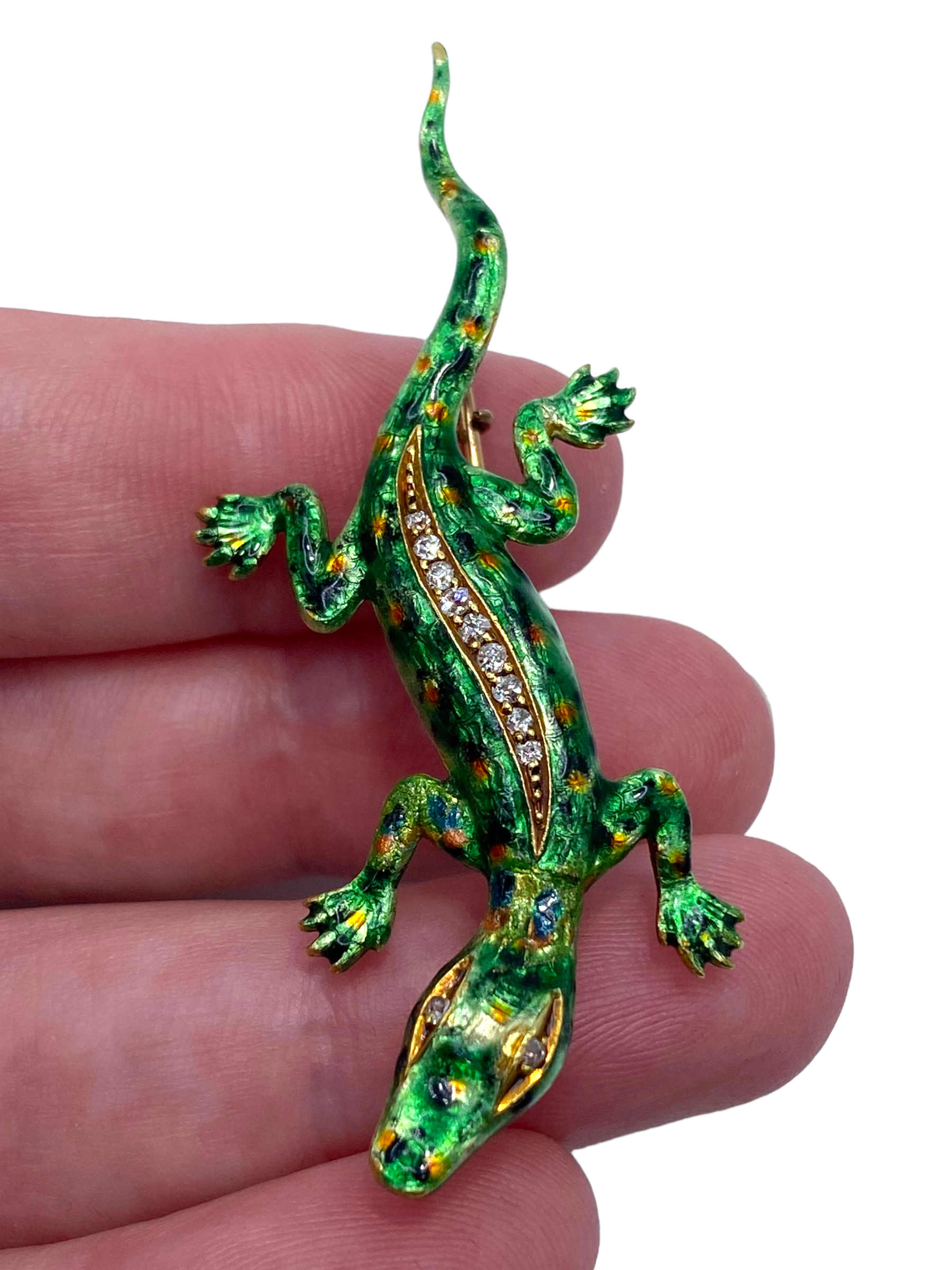 14k Enamel Diamond Alligator Pin