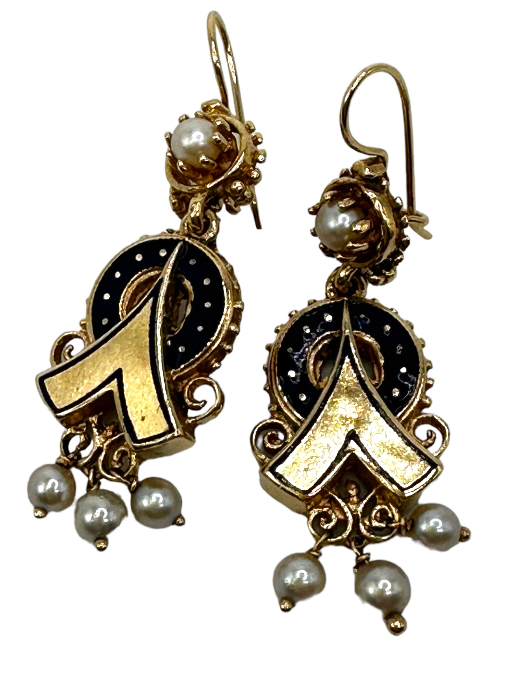 14k Victorian Revival Enamel Pearl Earrings