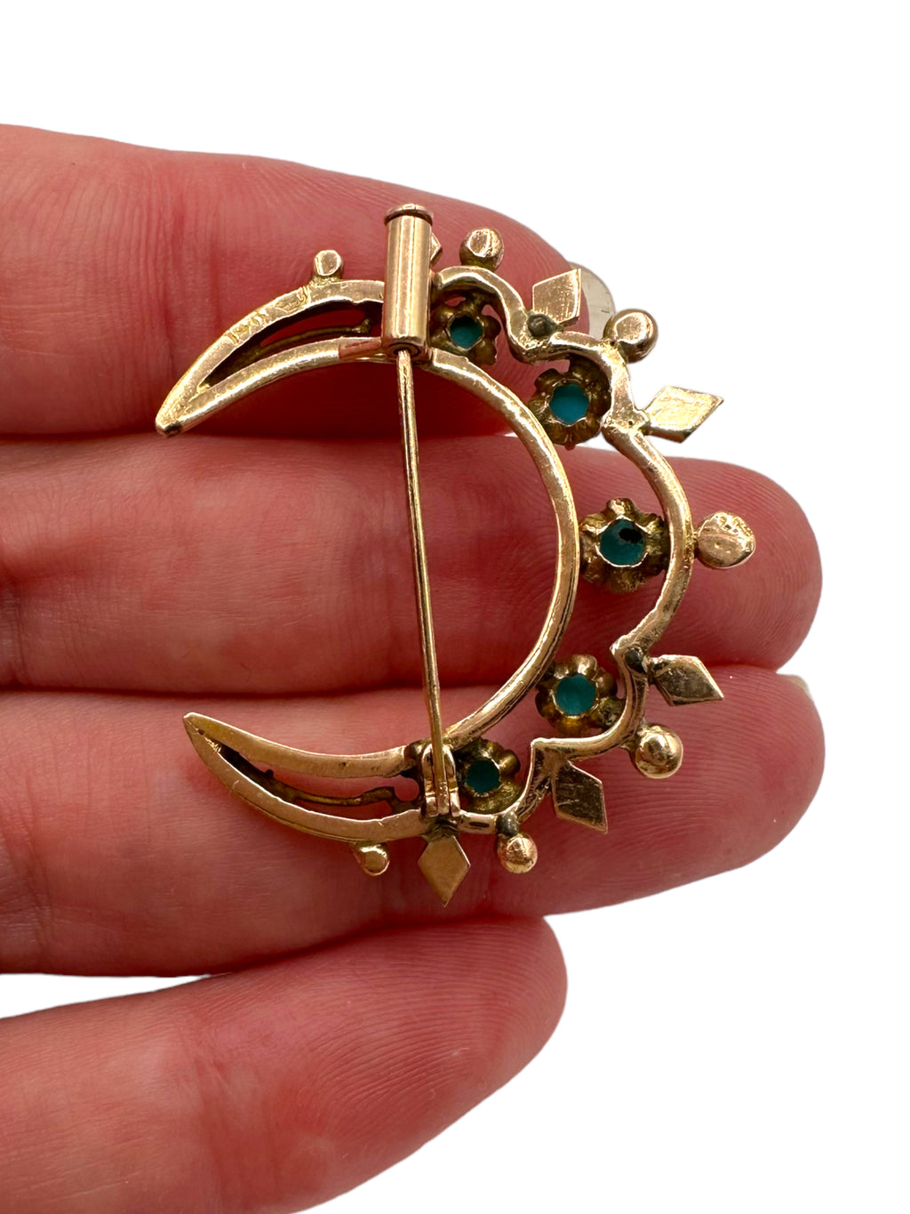 14k Victorian Turquoise Crescent Moon Brooch