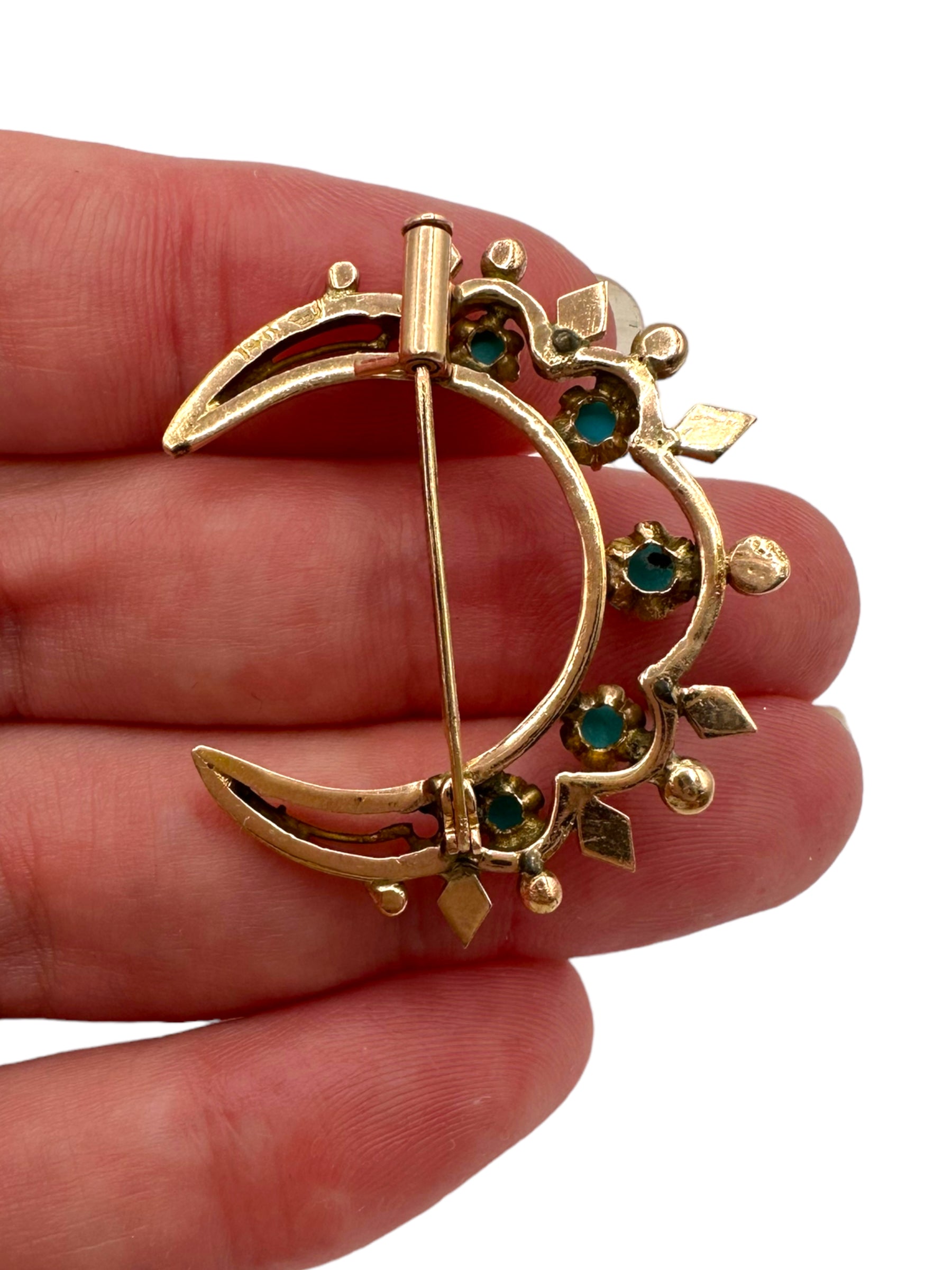 14k Victorian Turquoise Crescent Moon Brooch