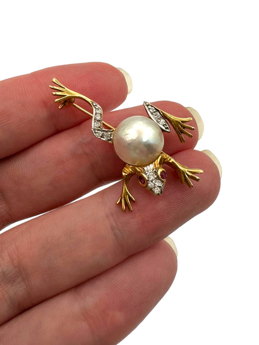14k Frog Pearl Diamond Pin
