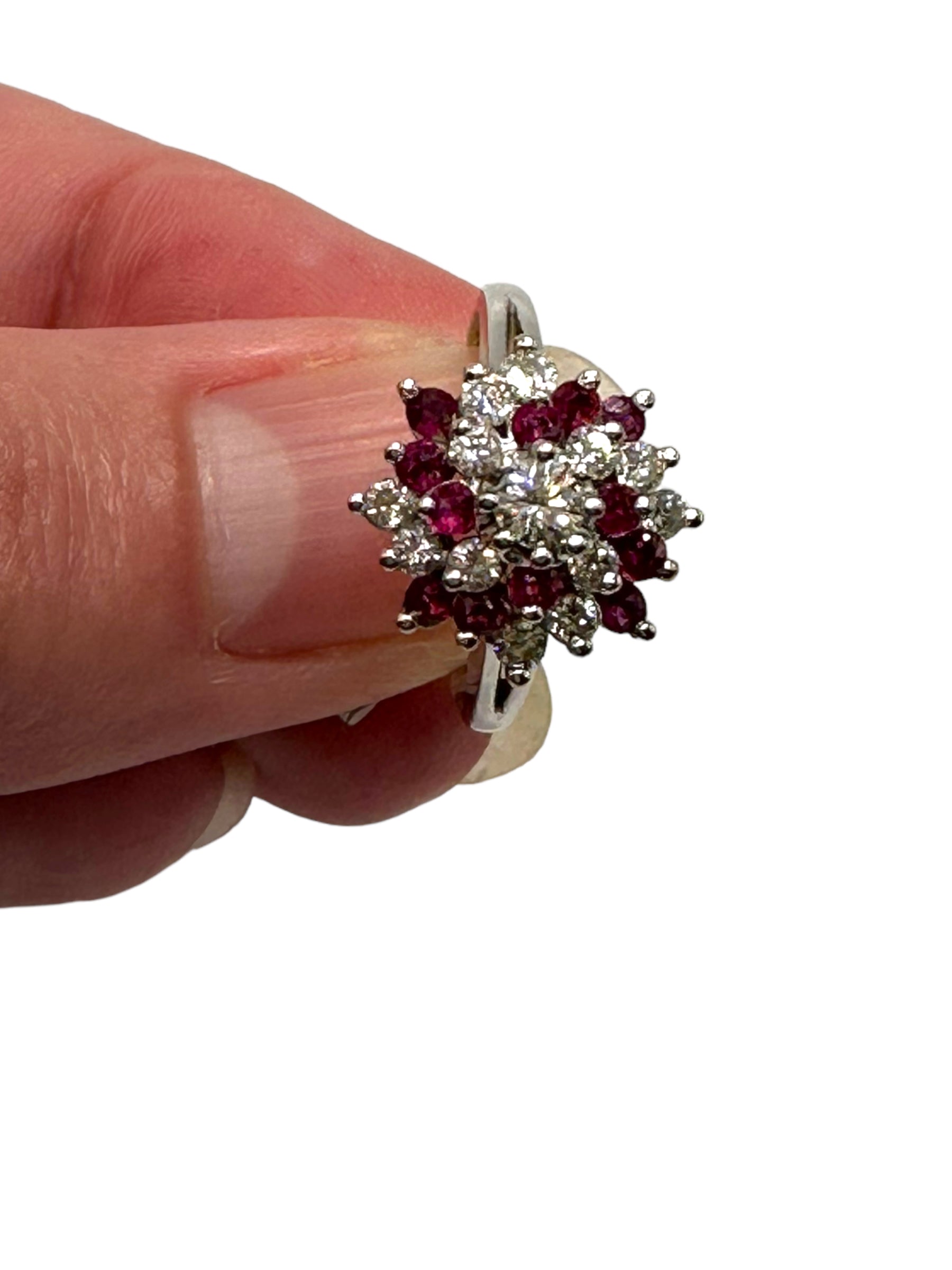 14k White Gold Diamond Ruby Swirl Ring