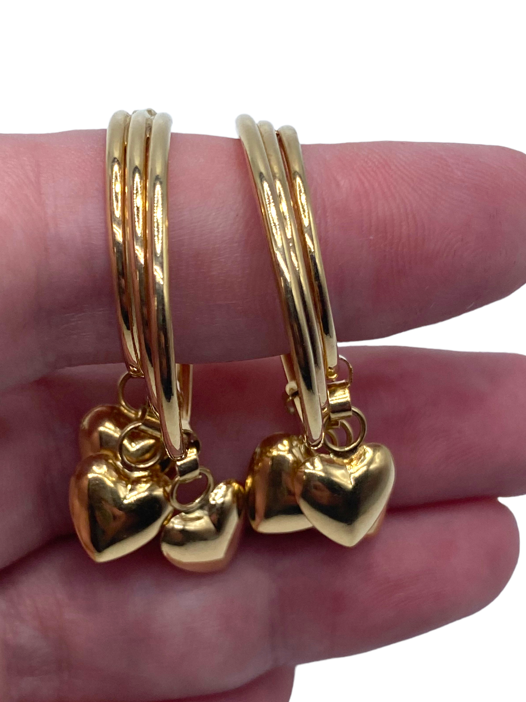 14k Triple Heart Charm Hoop Earrings