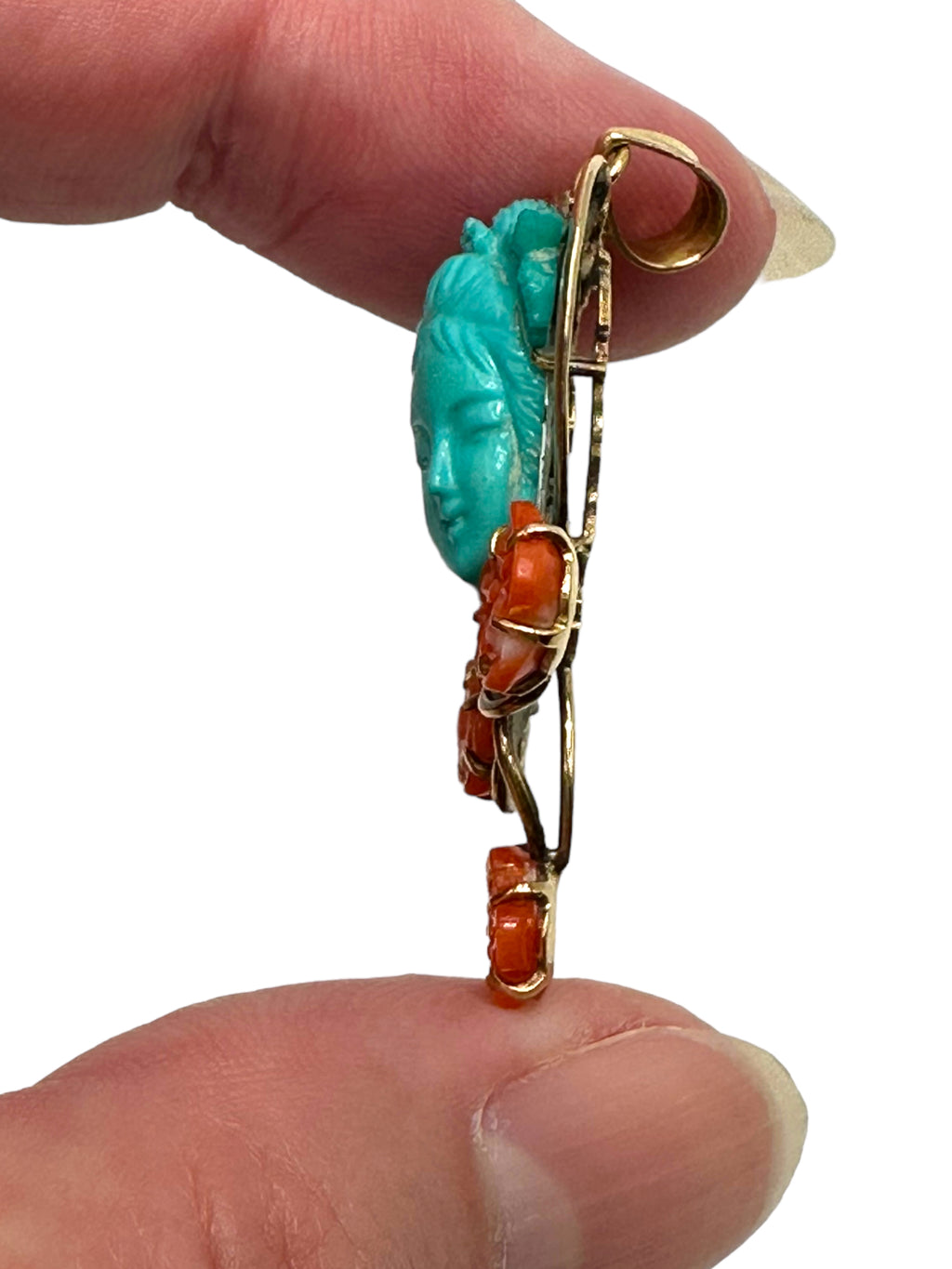 14k Carved Turquoise and Coral Pendant
