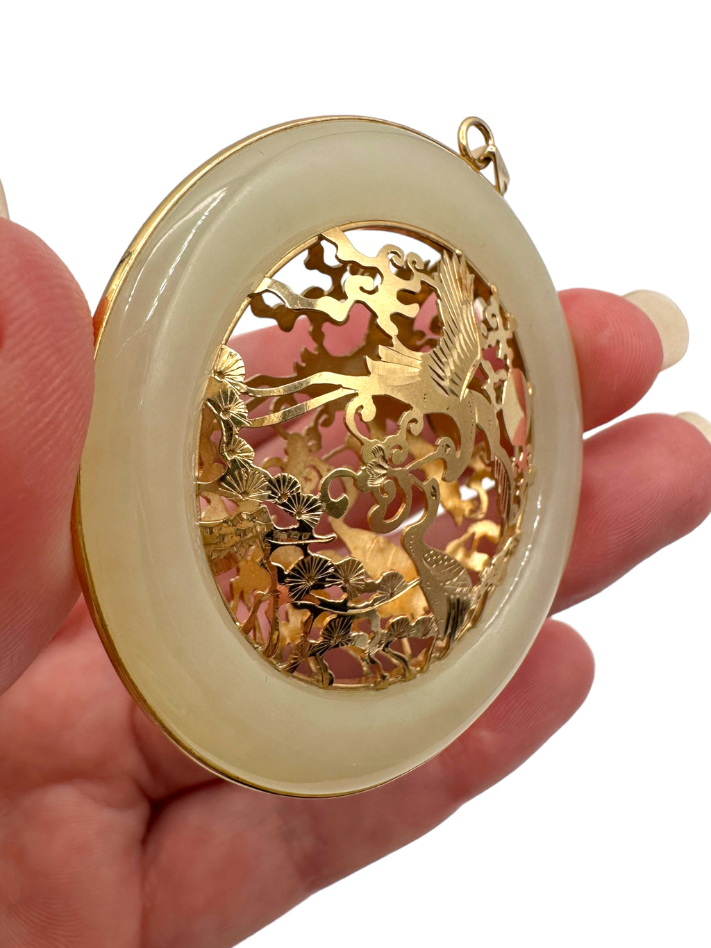 14k Large Jade Crane Pendant