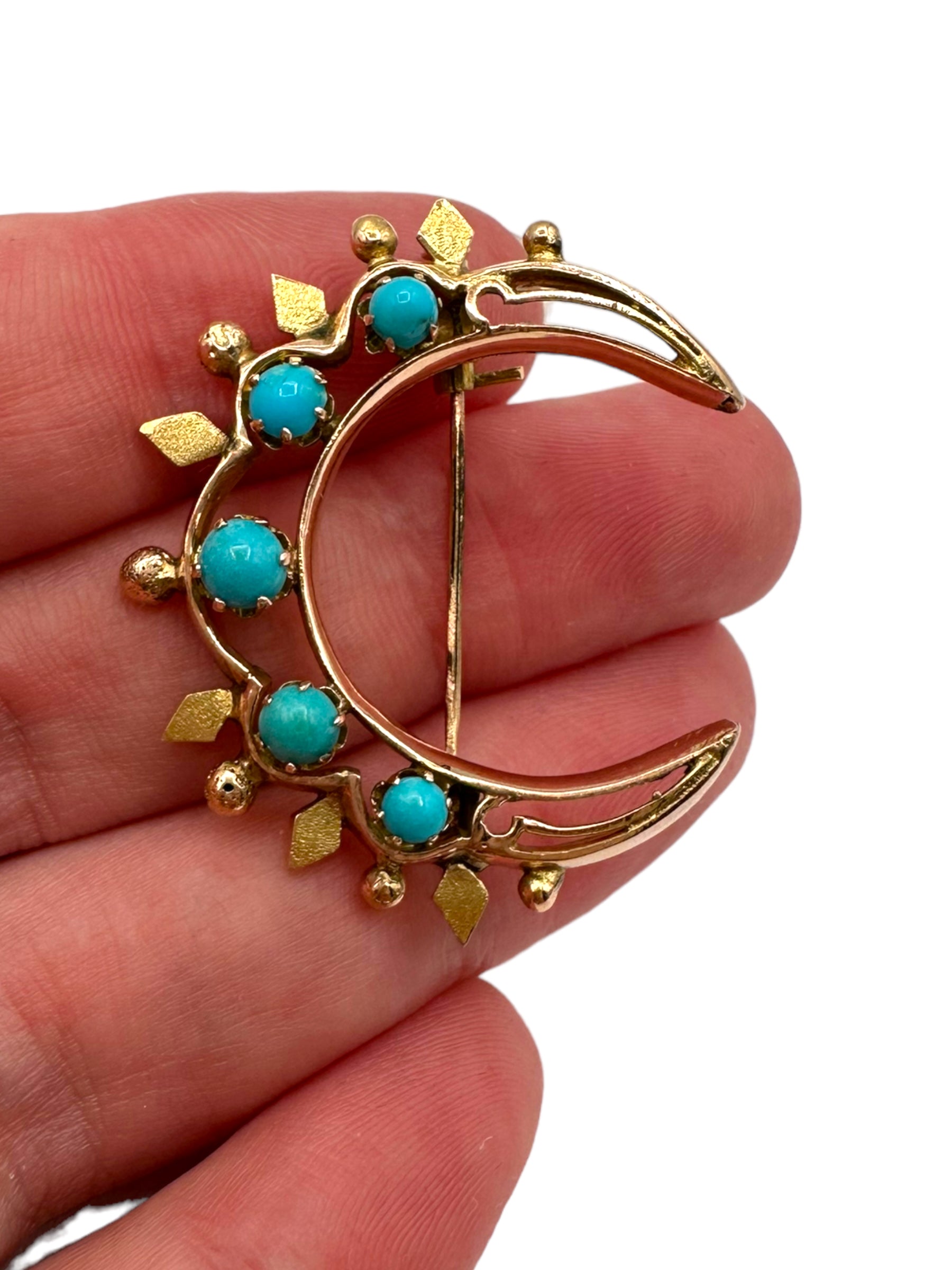 14k Victorian Turquoise Crescent Moon Brooch