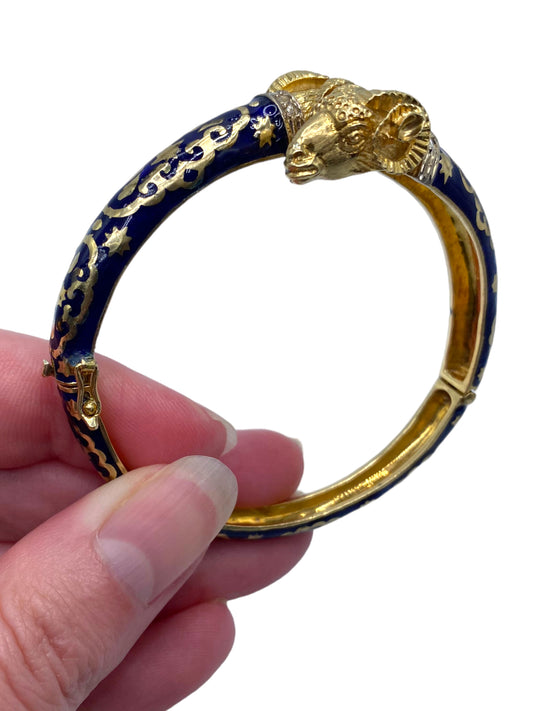 18k Blue Enamel Rams Head Bangle