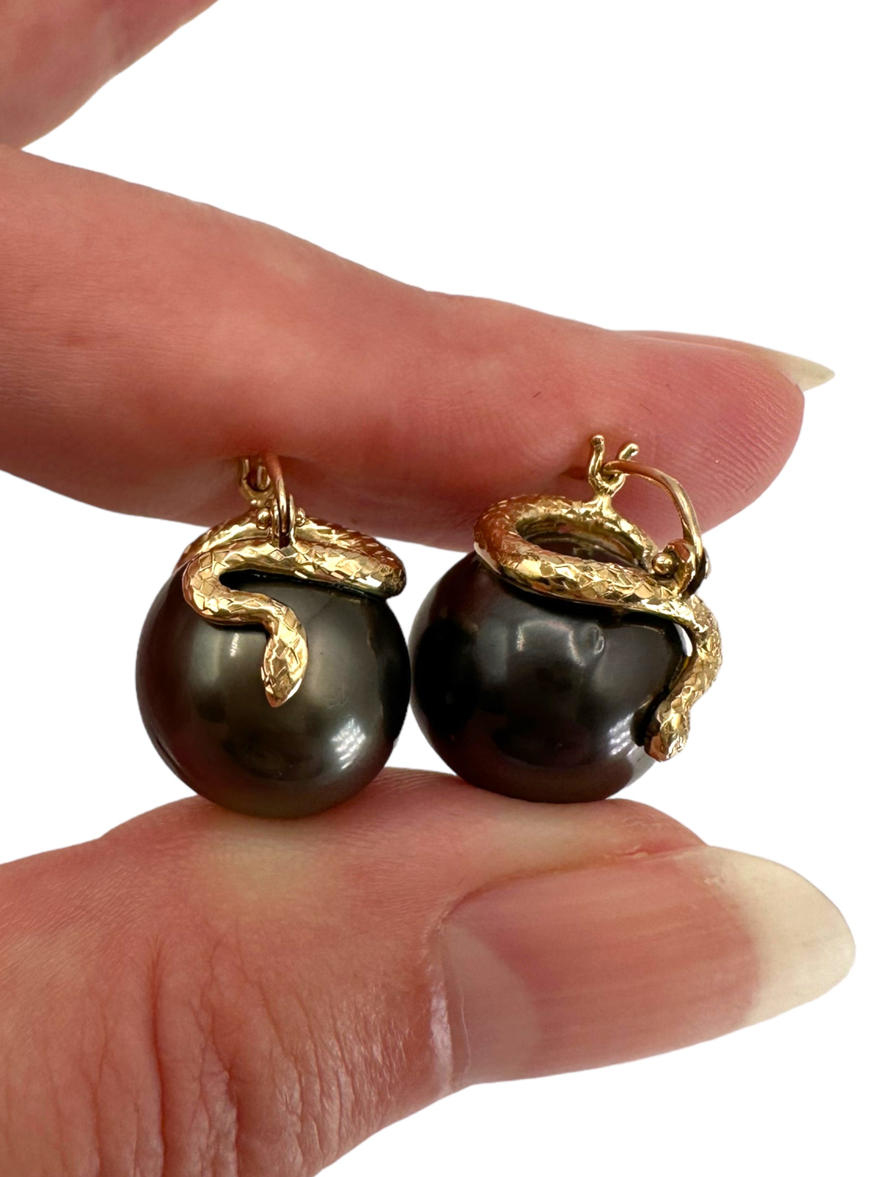 14k Snake Pearl Huggie Earrings