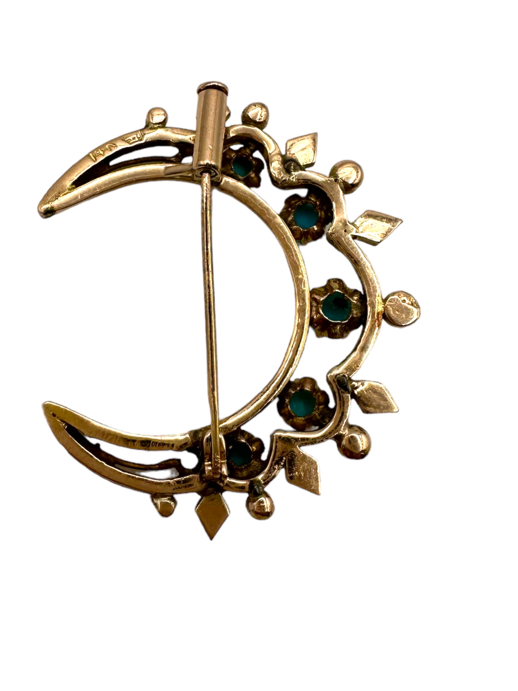 14k Victorian Turquoise Crescent Moon Brooch