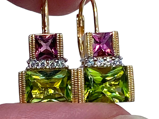 14k Tourmaline, Peridot, Diamond Earrings