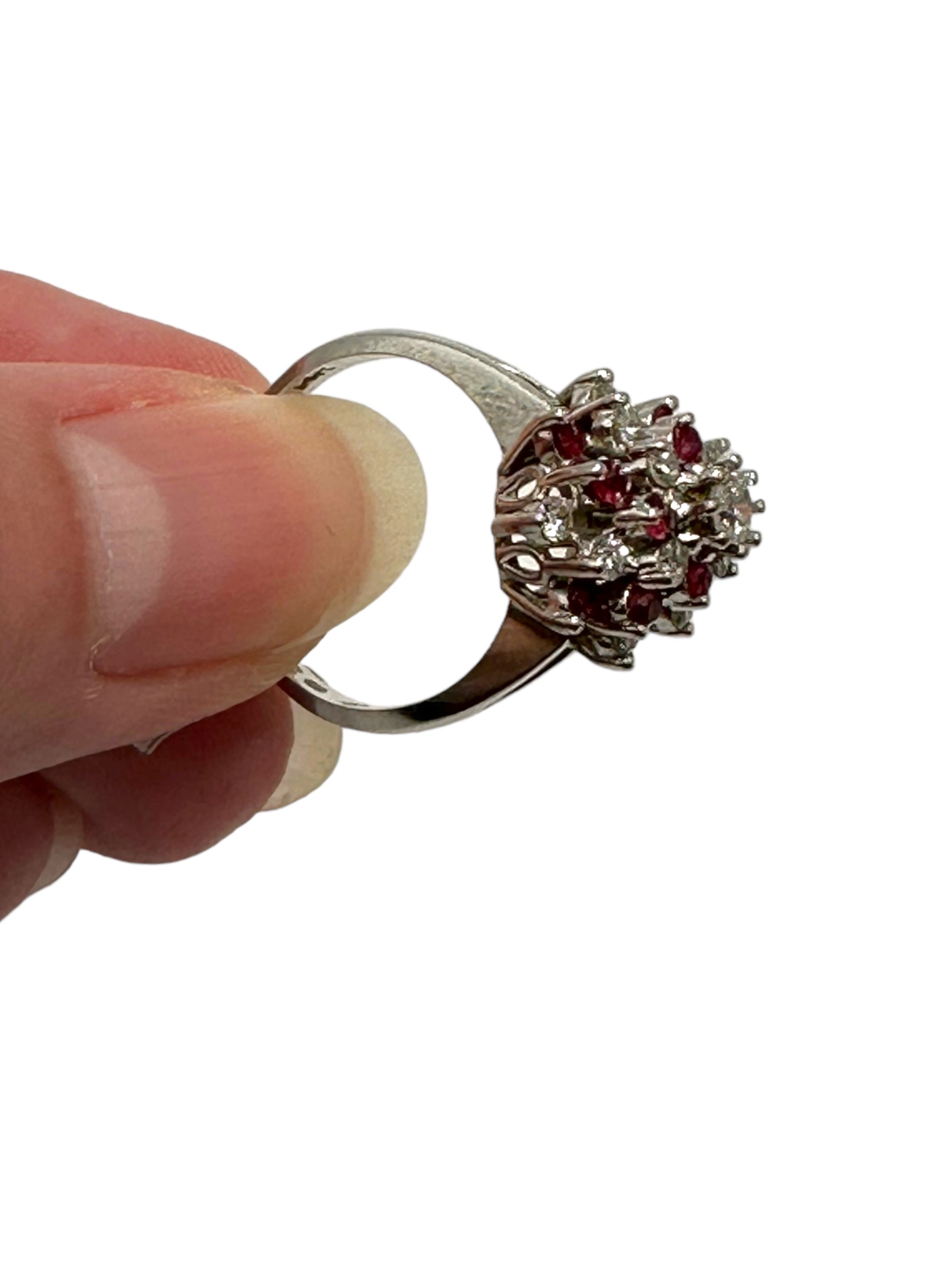 14k White Gold Diamond Ruby Swirl Ring